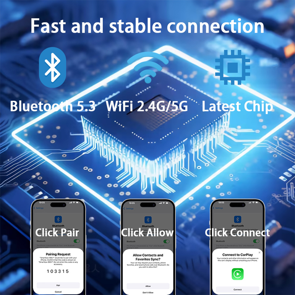 Wireless CarPlay box Android adapter compatible with iPhone and Android, no lag or stuttering.