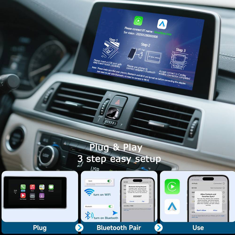 Wireless CarPlay box Android adapter compatible with iPhone and Android, no lag or stuttering.