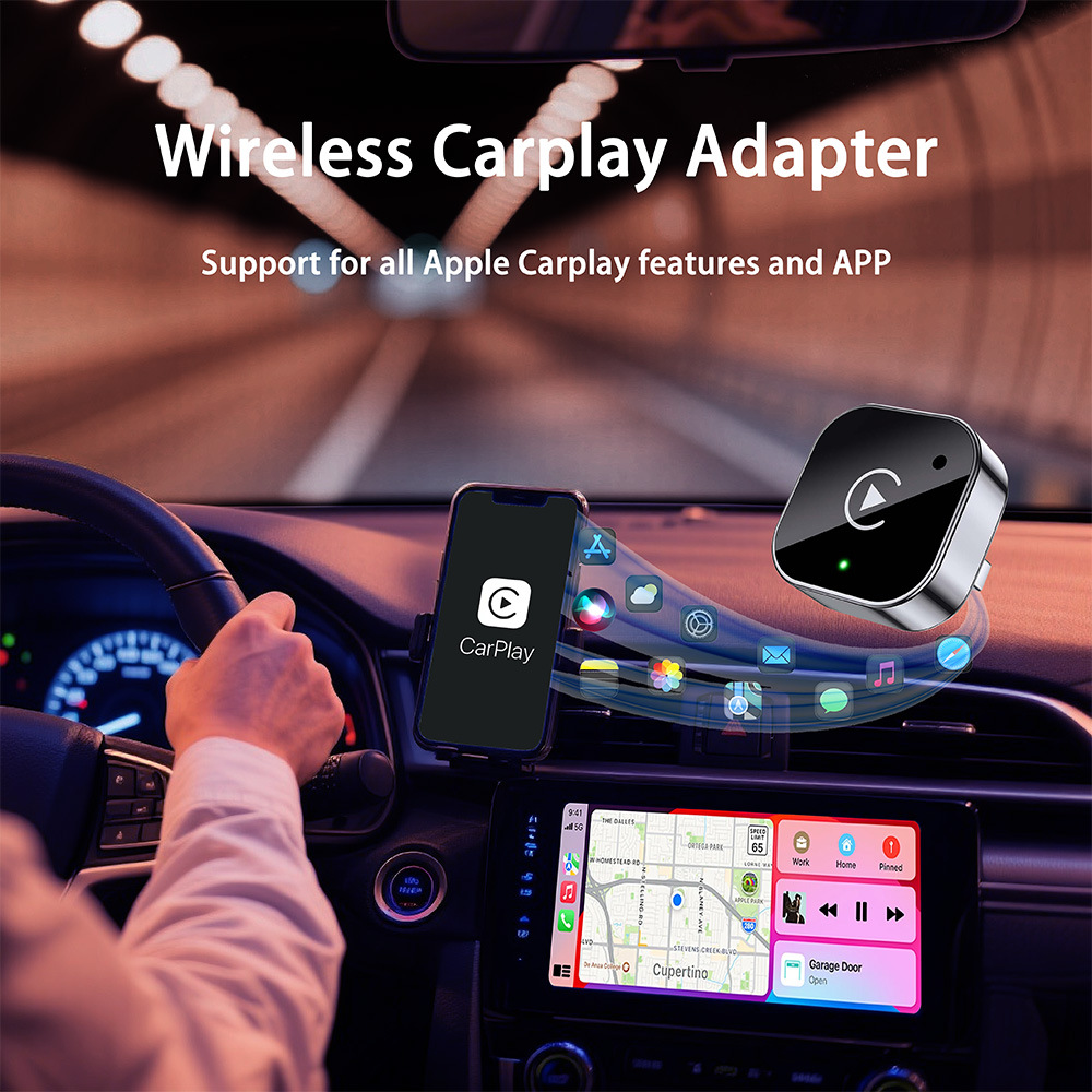 Wireless CarPlay box Android adapter compatible with iPhone and Android, no lag or stuttering.