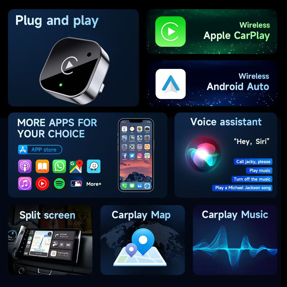 Wireless CarPlay box Android adapter compatible with iPhone and Android, no lag or stuttering.