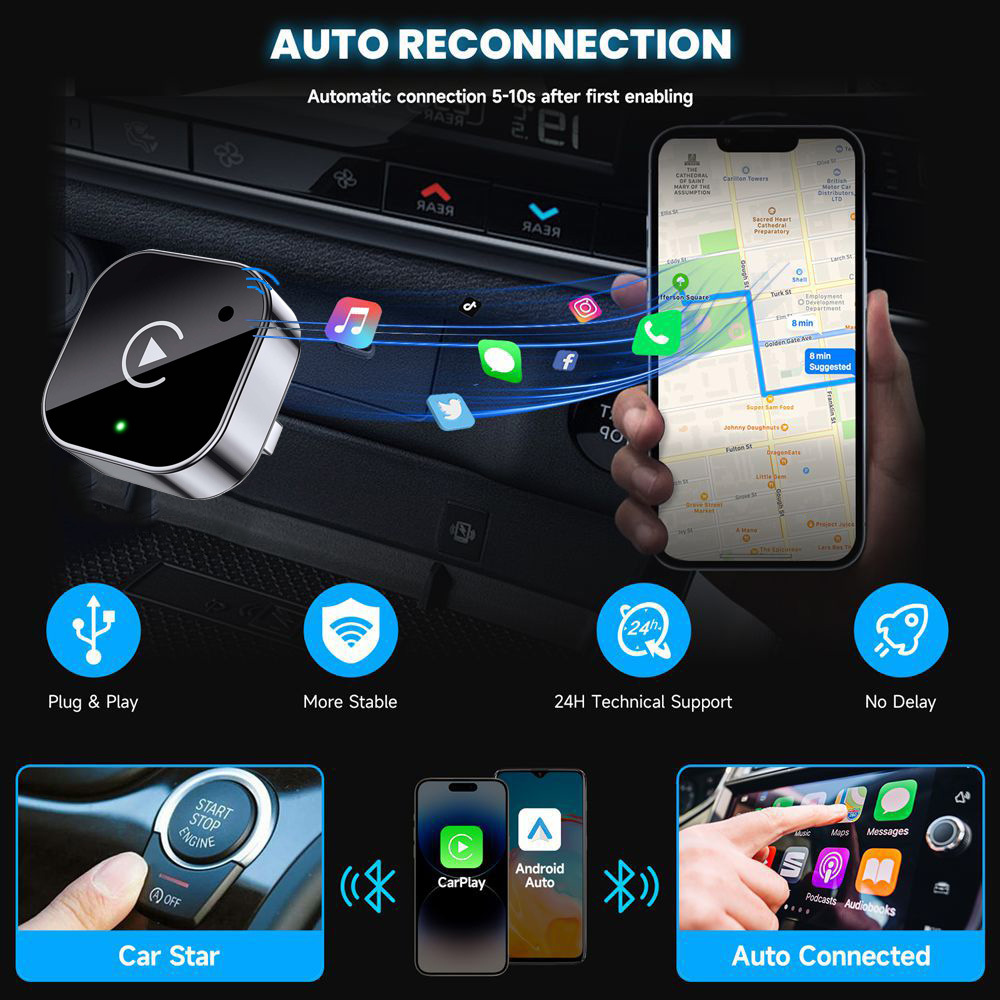 Wireless CarPlay box Android adapter compatible with iPhone and Android, no lag or stuttering.