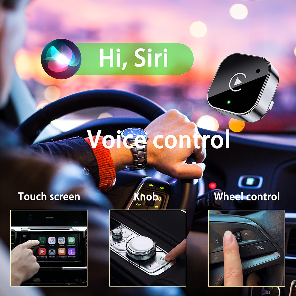 Wireless CarPlay box Android adapter compatible with iPhone and Android, no lag or stuttering.