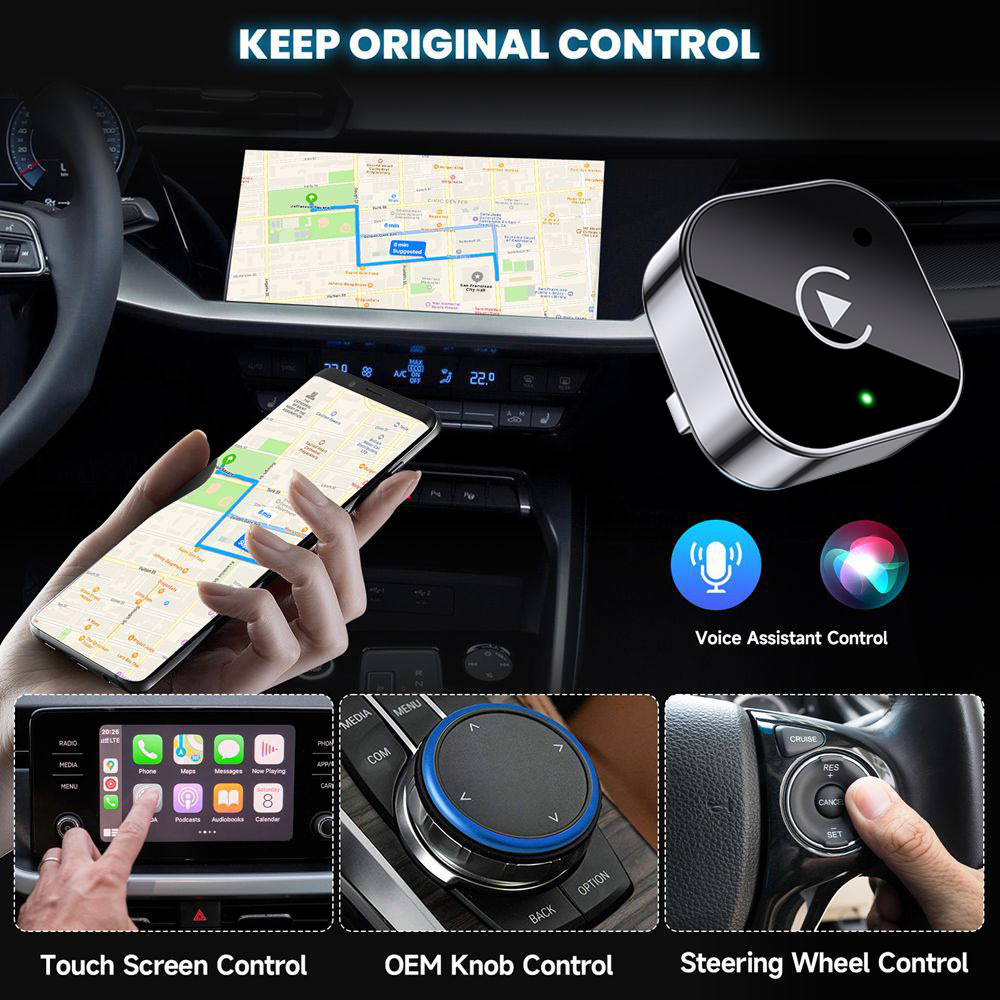 Wireless CarPlay box Android adapter compatible with iPhone and Android, no lag or stuttering.