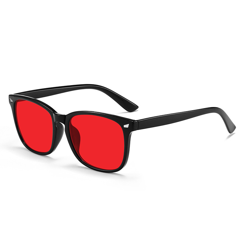 Trendy sleep glasses with anti-blue light and microfiber studs, featuring anti-UV and anti-radiation lenses, and red frames.