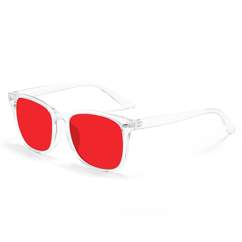 Trendy sleep glasses with anti-blue light and microfiber studs, featuring anti-UV and anti-radiation lenses, and red frames.