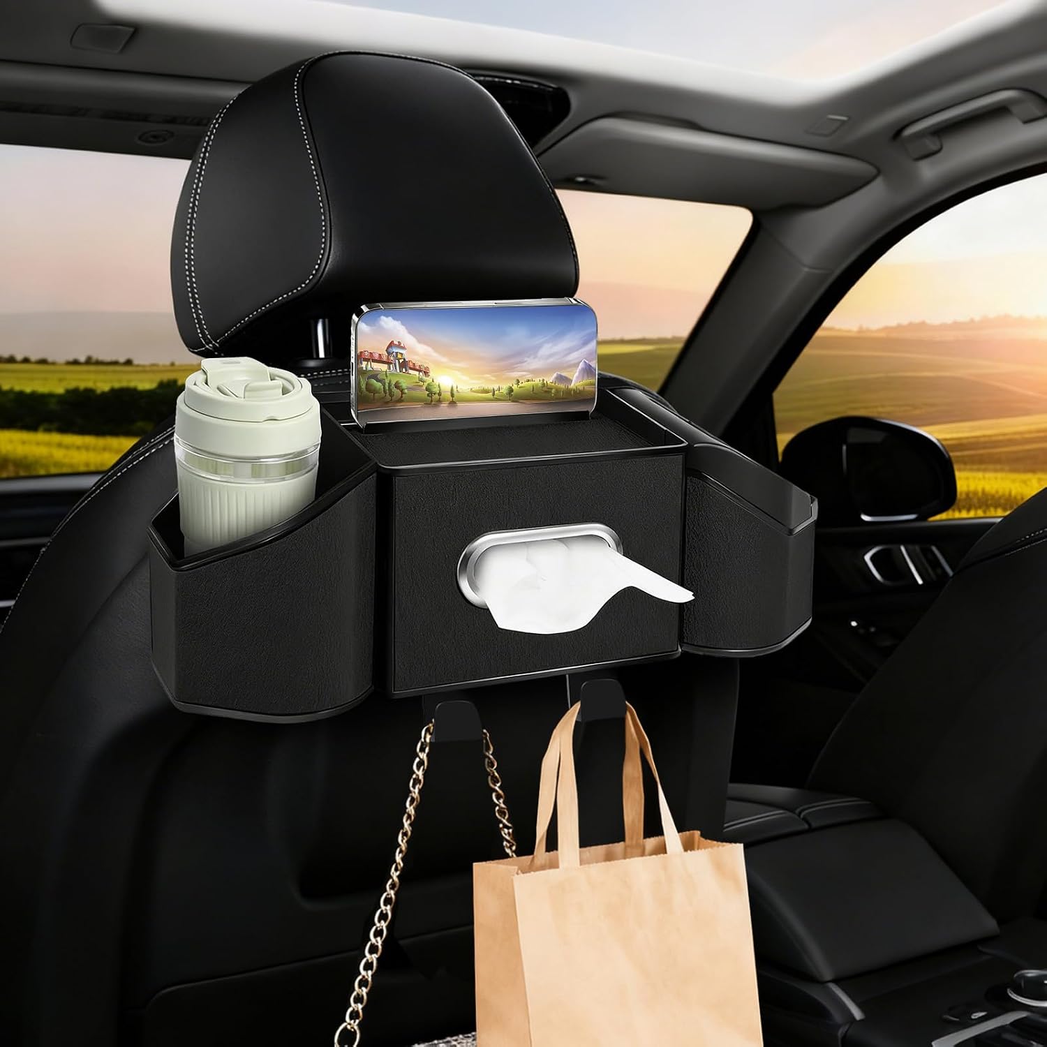 7-In-1 Car Seat Back Organizer – Multifunctional Headrest Storage with Cup Holders, Tissue Box, Garbage Can, Phone Holder & Hooks – Backseat Car Organizer for Road Trips, Family Travel, Kids (Black)