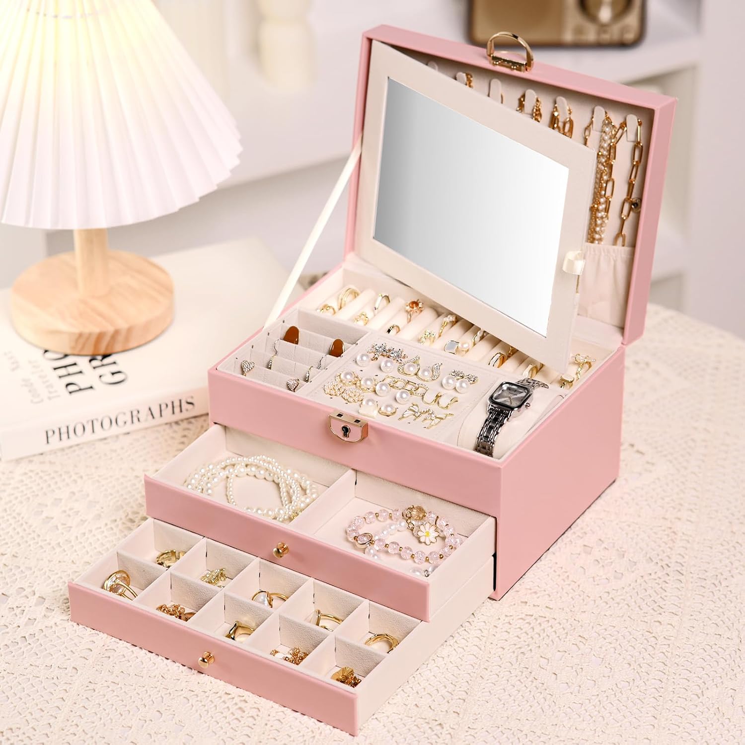 3 Layer Jewelry Box – Large Jewelry Organizer Case with 2 Drawers, Hidden Necklace Storage, Built-in Mirror, Lockable PU Leather Jewelry Holder, Removable Dividers – Gift for Women (Pink)