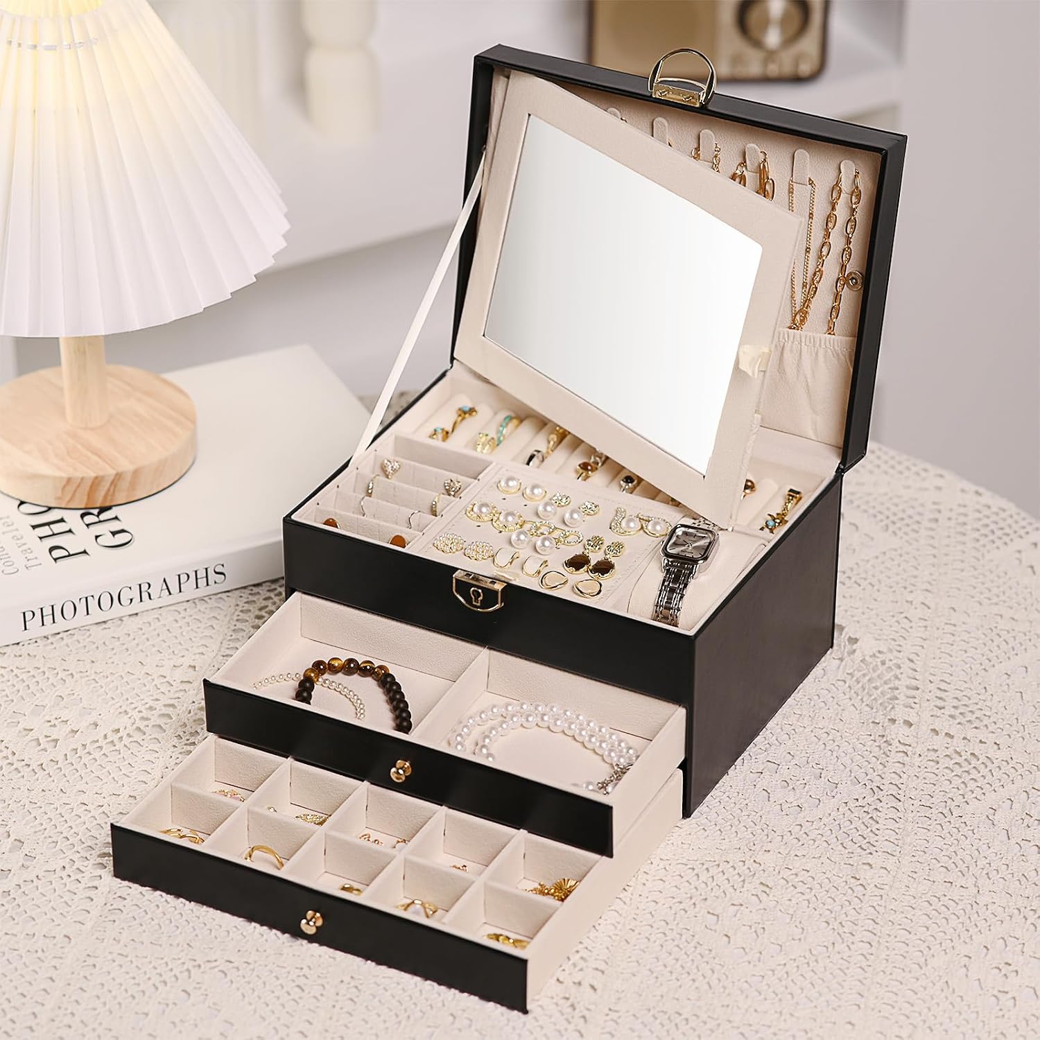 3 Layer Jewelry Box – Large Jewelry Organizer Case with 2 Drawers, Hidden Necklace Storage, Built-in Mirror, Lockable PU Leather Jewelry Holder, Removable Dividers – Gift for Women (Pink)