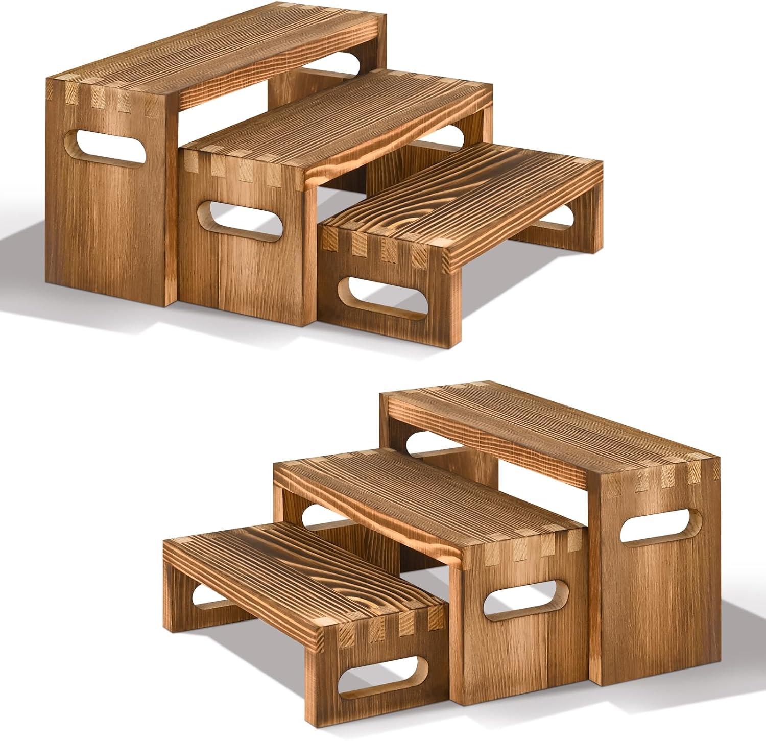 6 Pcs Wood Risers Display Stands – 2 Sets of 3-Tier Rectangular Wooden Risers for Table Display, Solid Wood Cupcake Stands for Desserts, Perfume, Jewelry, Collections & Party Decor