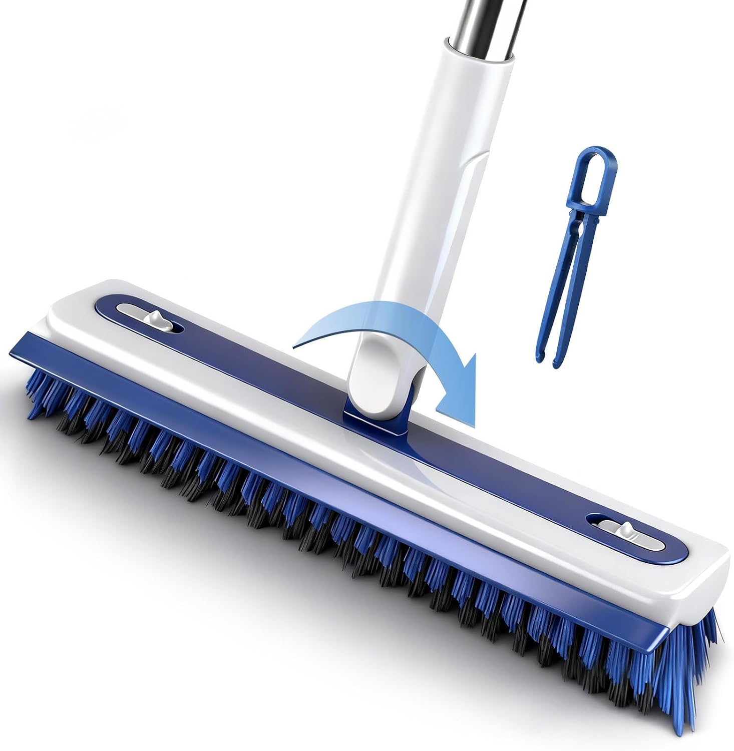 4-in-1 Floor Scrub Brush with Long Handle – V-Shaped Crevice Brush, Floor Scrubber Mop with Squeegee & Tweezer, Multi-Surface Cleaning Tool for Tile, Grout, Bathroom, Kitchen, Patio, Garage