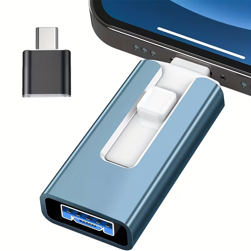 4-in-1 OTG flash drive for iPhone and iPad, USB 3.0 Type-C storage stick, 128GB/256GB, with Type-C connector.