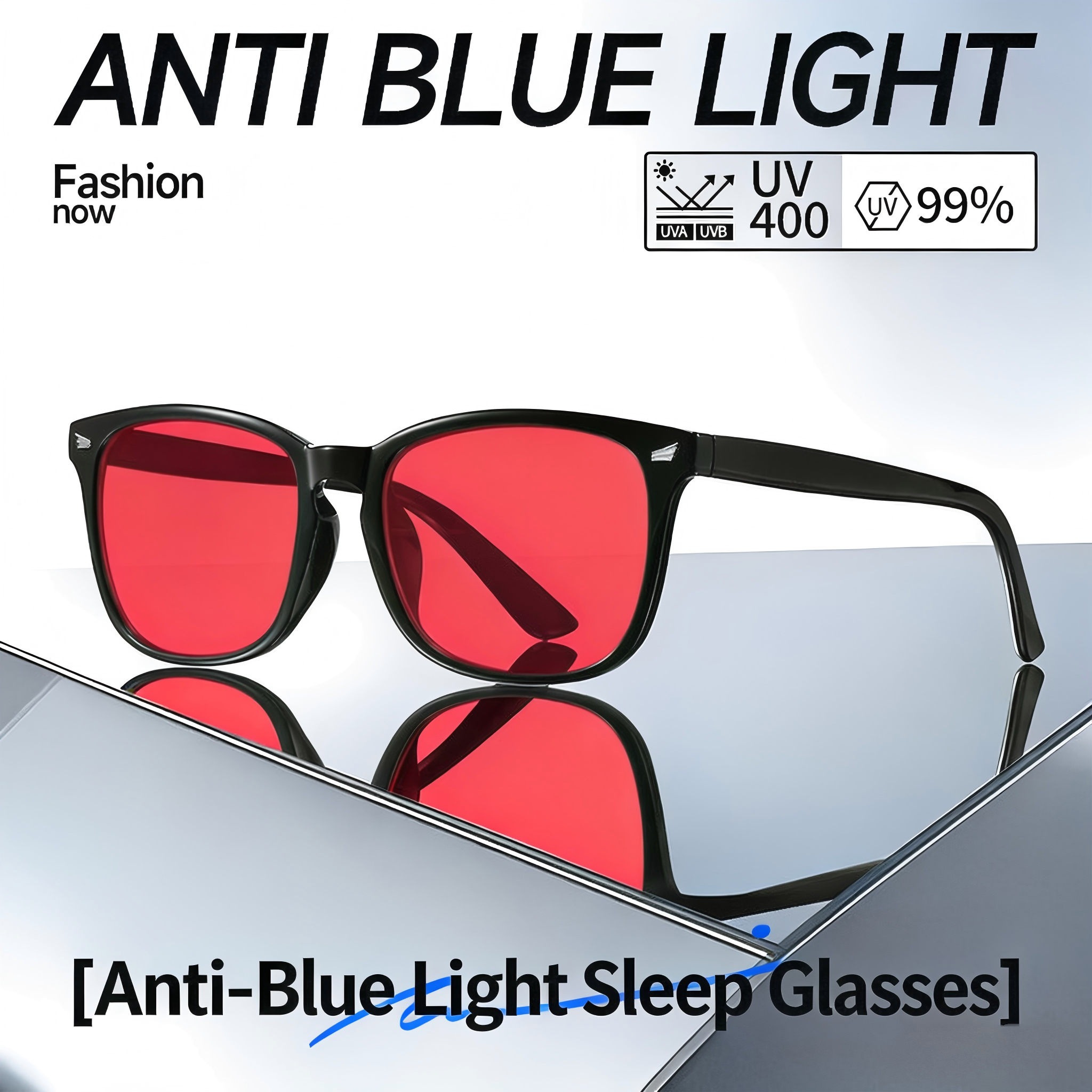 Trendy sleep glasses with anti-blue light and microfiber studs, featuring anti-UV and anti-radiation lenses, and red frames.