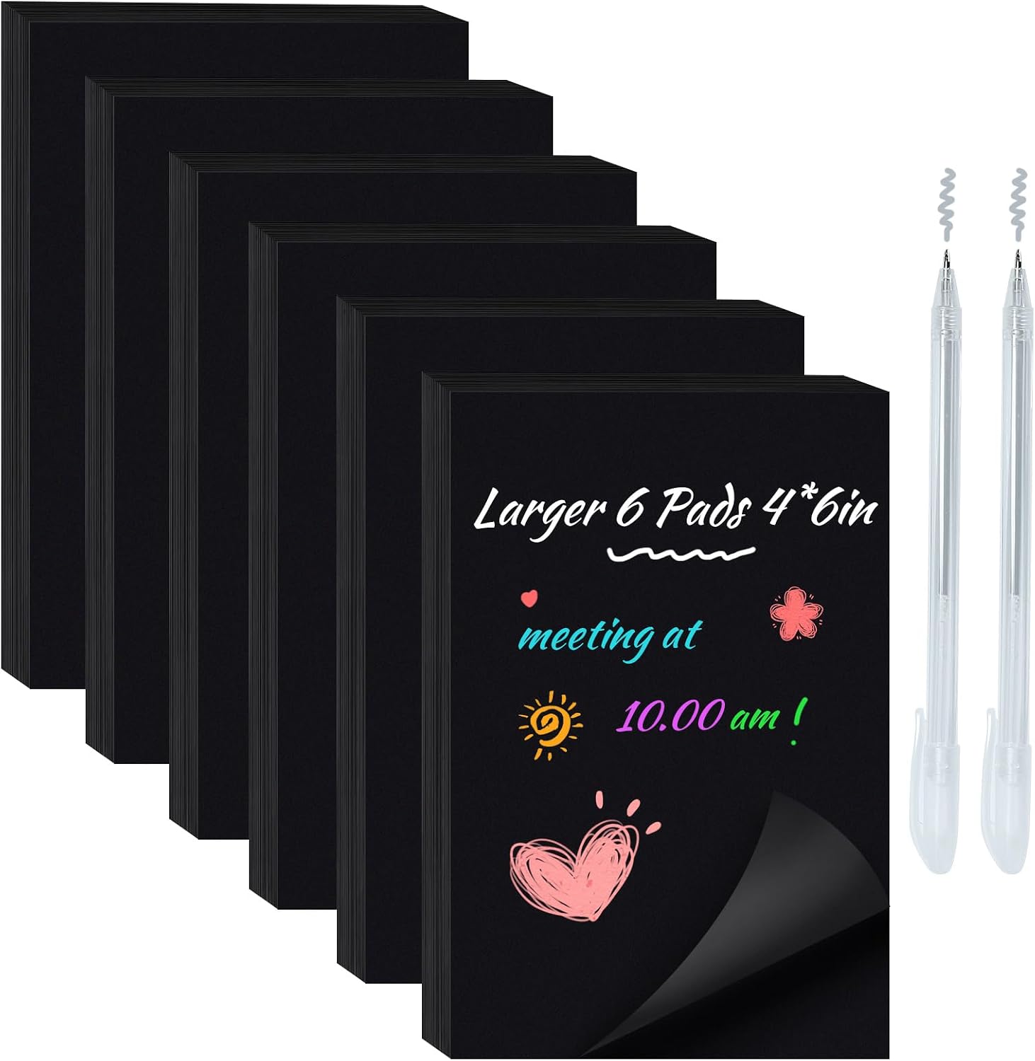 Black Sticky Notes 4x6 – Large Post It Notes with 2 Metallic Pens, 6 Pads, 300 Sheets Total, Thick & Durable Self-Stick Notes for School, Home, Office, Hospital Supplies – Black Paper Sticky Notes