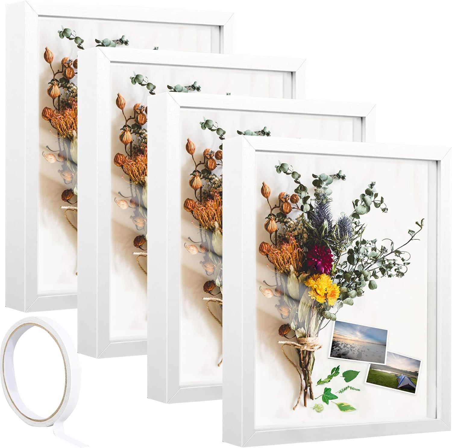 4 Pack 8x10 Shadow Box Frame – Wood Deep Shadow Box Display Cases with Plexiglass Front, 3D Shadowbox for Photos, Dried Flowers, Medals, Crafts, Keepsakes & Memorabilia – Wall Mount or Tabletop Display (White)