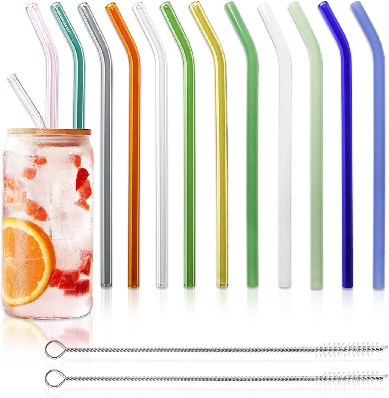 12 Pack Reusable Glass Straws – 8" x 8mm Bent Drinking Straws, Colorful Shatter-Resistant Borosilicate Glass Straws with 2 Cleaning Brushes, Dishwasher Safe – Perfect for Smoothies, Milkshakes, Iced Coffee, Tea & Juice