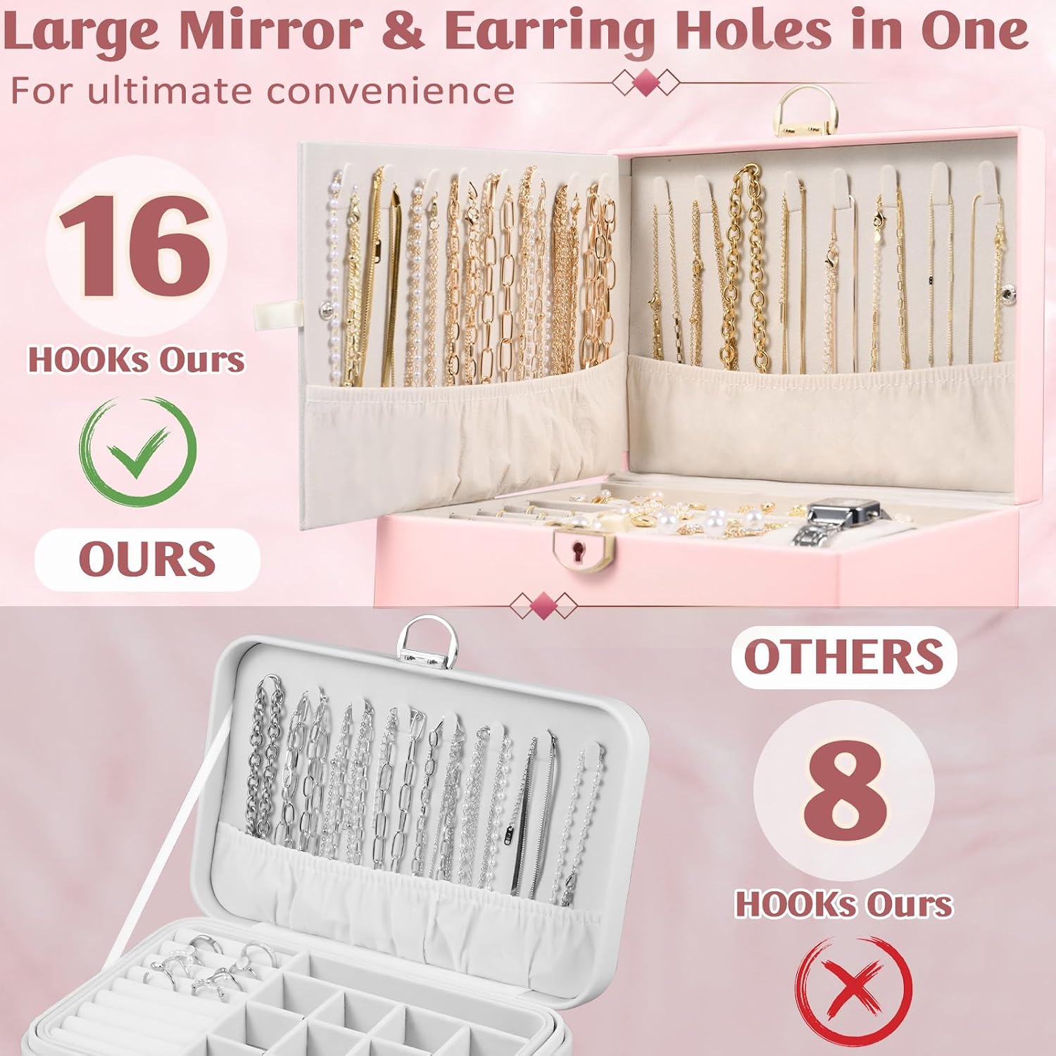 3 Layer Jewelry Box – Large Jewelry Organizer Case with 2 Drawers, Hidden Necklace Storage, Built-in Mirror, Lockable PU Leather Jewelry Holder, Removable Dividers – Gift for Women (Pink)