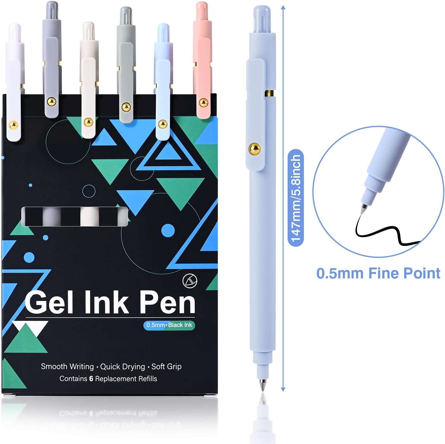 Gel Pens 6 Pack – 0.5mm Fine Point Black Ink Pens with 6 Refills, Quick-Dry No Smear Smooth Writing, Retractable Aesthetic Pens for Journaling, School, Office Supplies, Nurse Gifts