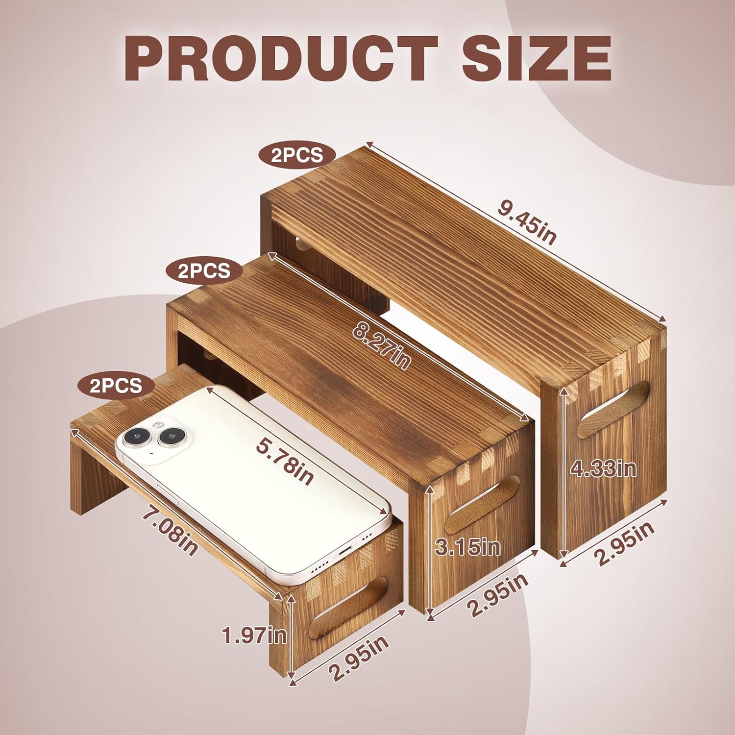 6 Pcs Wood Risers Display Stands – 2 Sets of 3-Tier Rectangular Wooden Risers for Table Display, Solid Wood Cupcake Stands for Desserts, Perfume, Jewelry, Collections & Party Decor