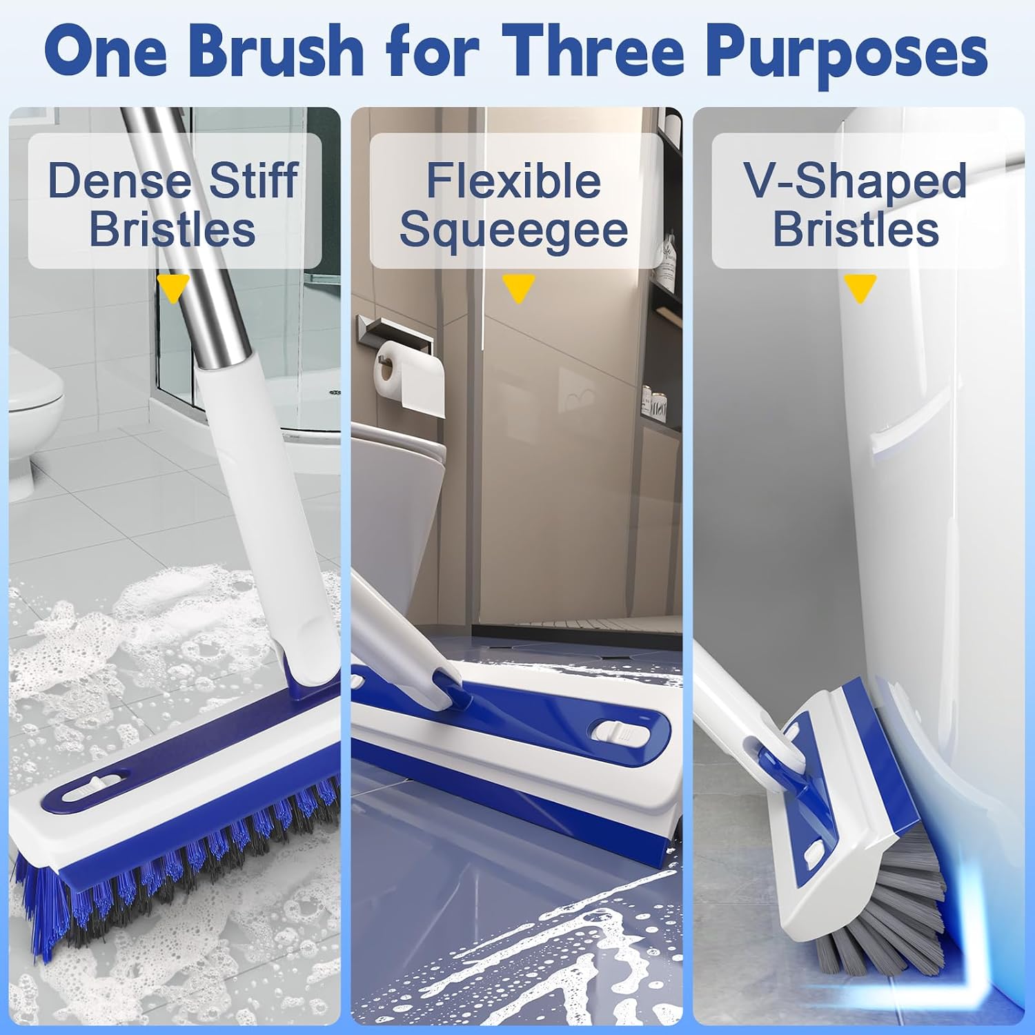 4-in-1 Floor Scrub Brush with Long Handle – V-Shaped Crevice Brush, Floor Scrubber Mop with Squeegee & Tweezer, Multi-Surface Cleaning Tool for Tile, Grout, Bathroom, Kitchen, Patio, Garage