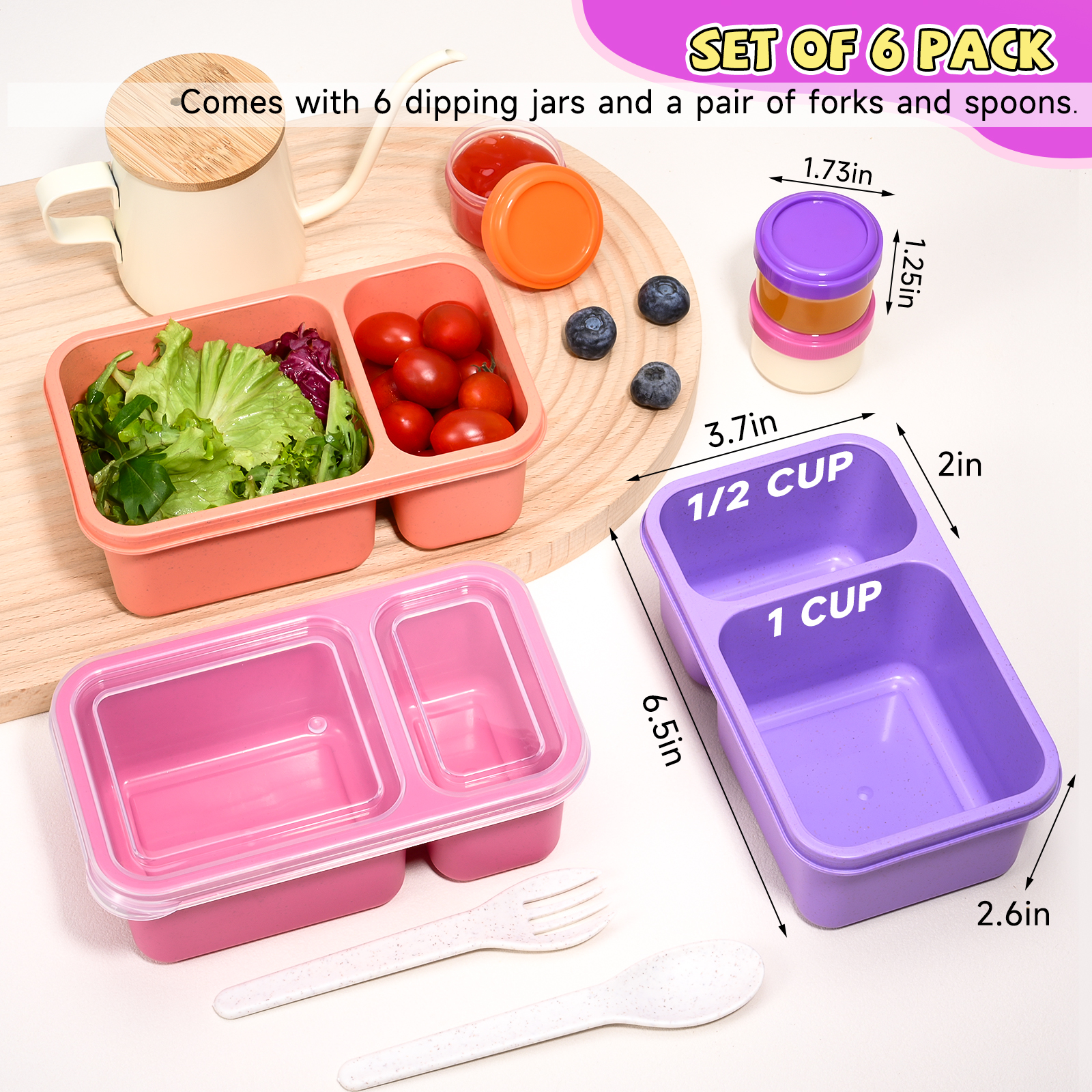PLLDLC® 6 Pack Snack Containers – 2 Compartment Meal Prep Boxes