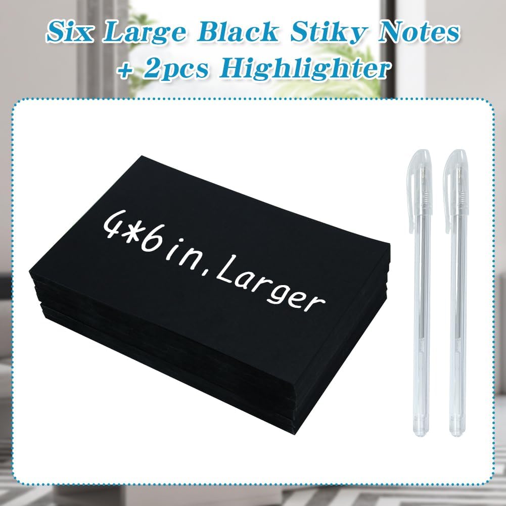 Black Sticky Notes 4x6 – Large Post It Notes with 2 Metallic Pens, 6 Pads, 300 Sheets Total, Thick & Durable Self-Stick Notes for School, Home, Office, Hospital Supplies – Black Paper Sticky Notes