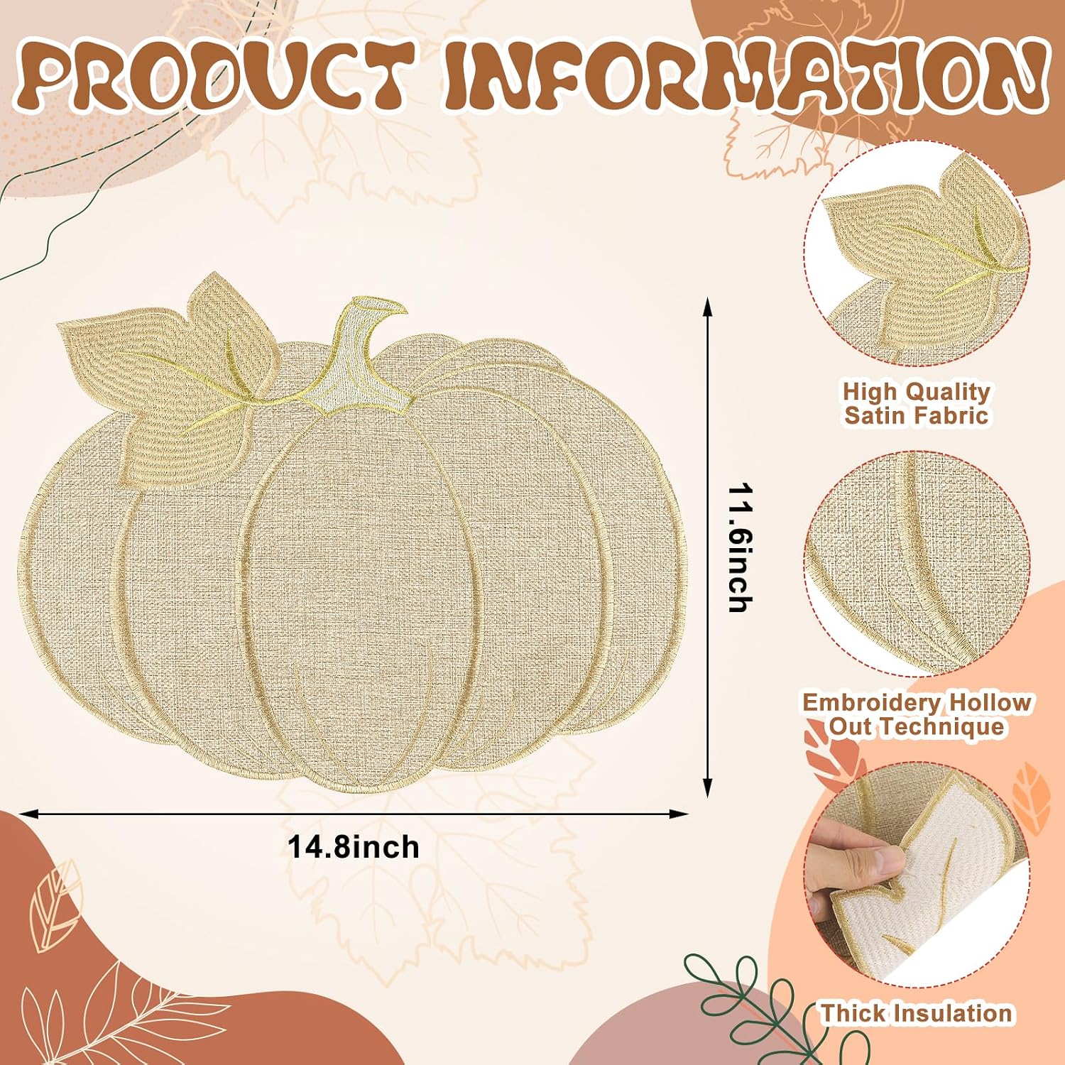 Fall Thanksgiving Pumpkin Placemats Set of 4 – Autumn Table Decorations, Farmhouse Harvest Pumpkin-Shaped Round Placemats for Kitchen Dining, Holiday Party & Seasonal Home Decor (13.8" x 12.6")