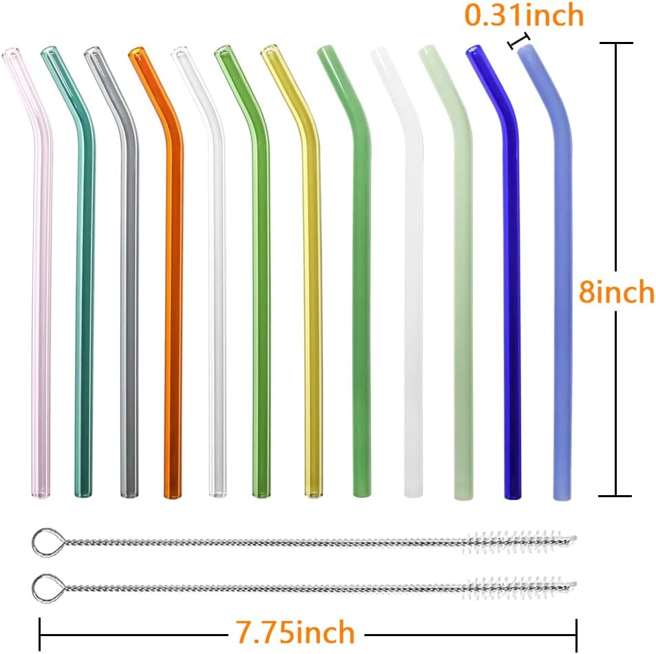 12 Pack Reusable Glass Straws – 8" x 8mm Bent Drinking Straws, Colorful Shatter-Resistant Borosilicate Glass Straws with 2 Cleaning Brushes, Dishwasher Safe – Perfect for Smoothies, Milkshakes, Iced Coffee, Tea & Juice