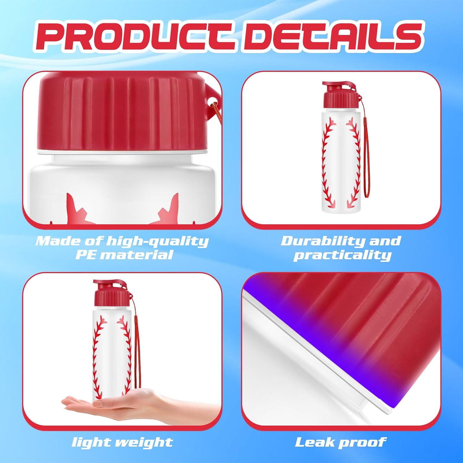 16 Pcs Baseball Water Bottle Bulk – 20 oz Reusable Plastic Sports Bottles with Leak-Proof Lids, Baseball-Themed Drink Containers for Team Gifts, Party Favors, Players, Coaches & Fans