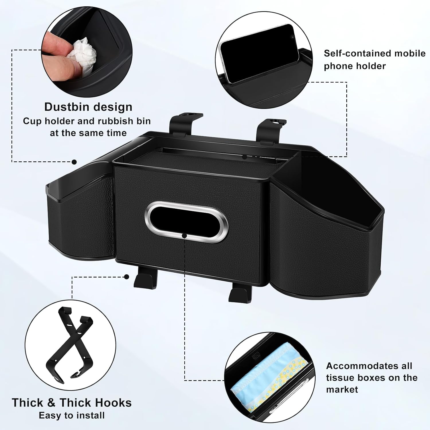 7-In-1 Car Seat Back Organizer – Multifunctional Headrest Storage with Cup Holders, Tissue Box, Garbage Can, Phone Holder & Hooks – Backseat Car Organizer for Road Trips, Family Travel, Kids (Black)