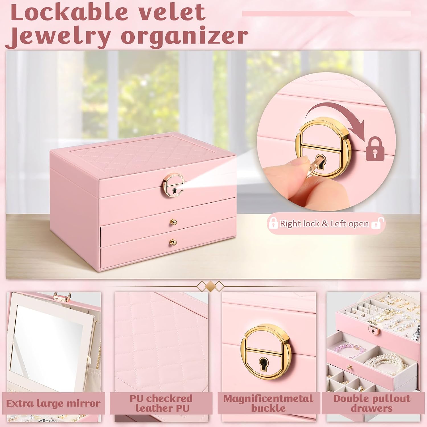 3 Layer Jewelry Box – Large Jewelry Organizer Case with 2 Drawers, Hidden Necklace Storage, Built-in Mirror, Lockable PU Leather Jewelry Holder, Removable Dividers – Gift for Women (Pink)