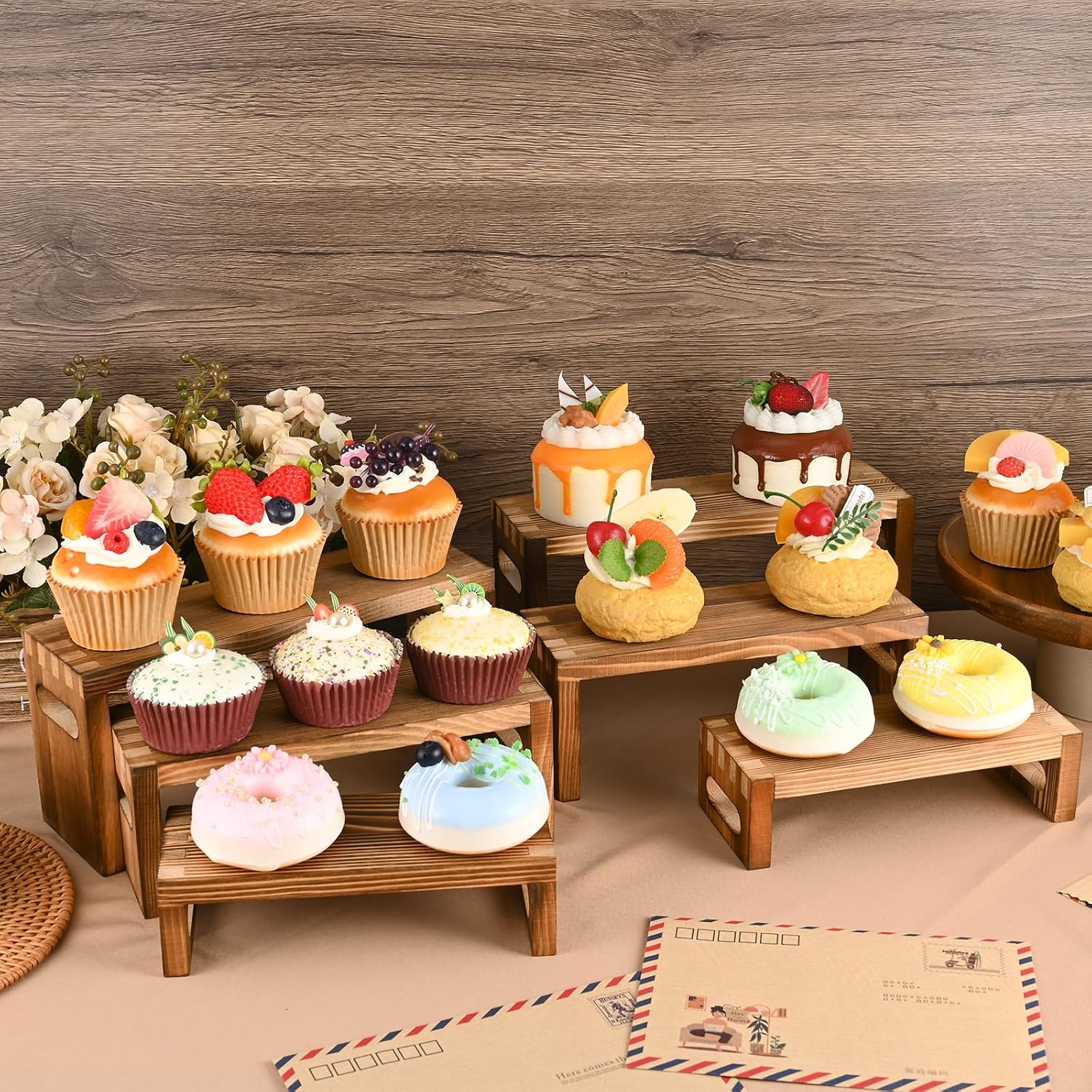 6 Pcs Wood Risers Display Stands – 2 Sets of 3-Tier Rectangular Wooden Risers for Table Display, Solid Wood Cupcake Stands for Desserts, Perfume, Jewelry, Collections & Party Decor