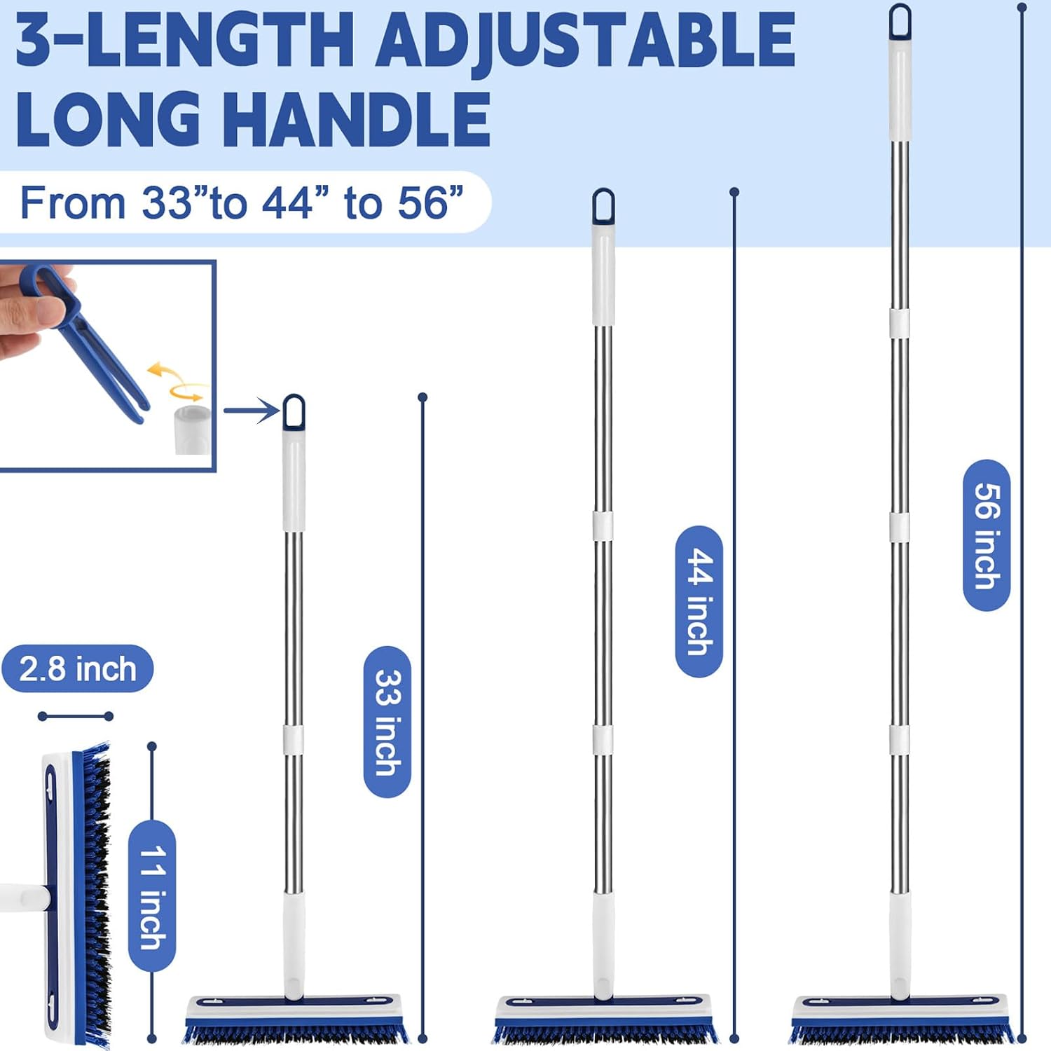 4-in-1 Floor Scrub Brush with Long Handle – V-Shaped Crevice Brush, Floor Scrubber Mop with Squeegee & Tweezer, Multi-Surface Cleaning Tool for Tile, Grout, Bathroom, Kitchen, Patio, Garage