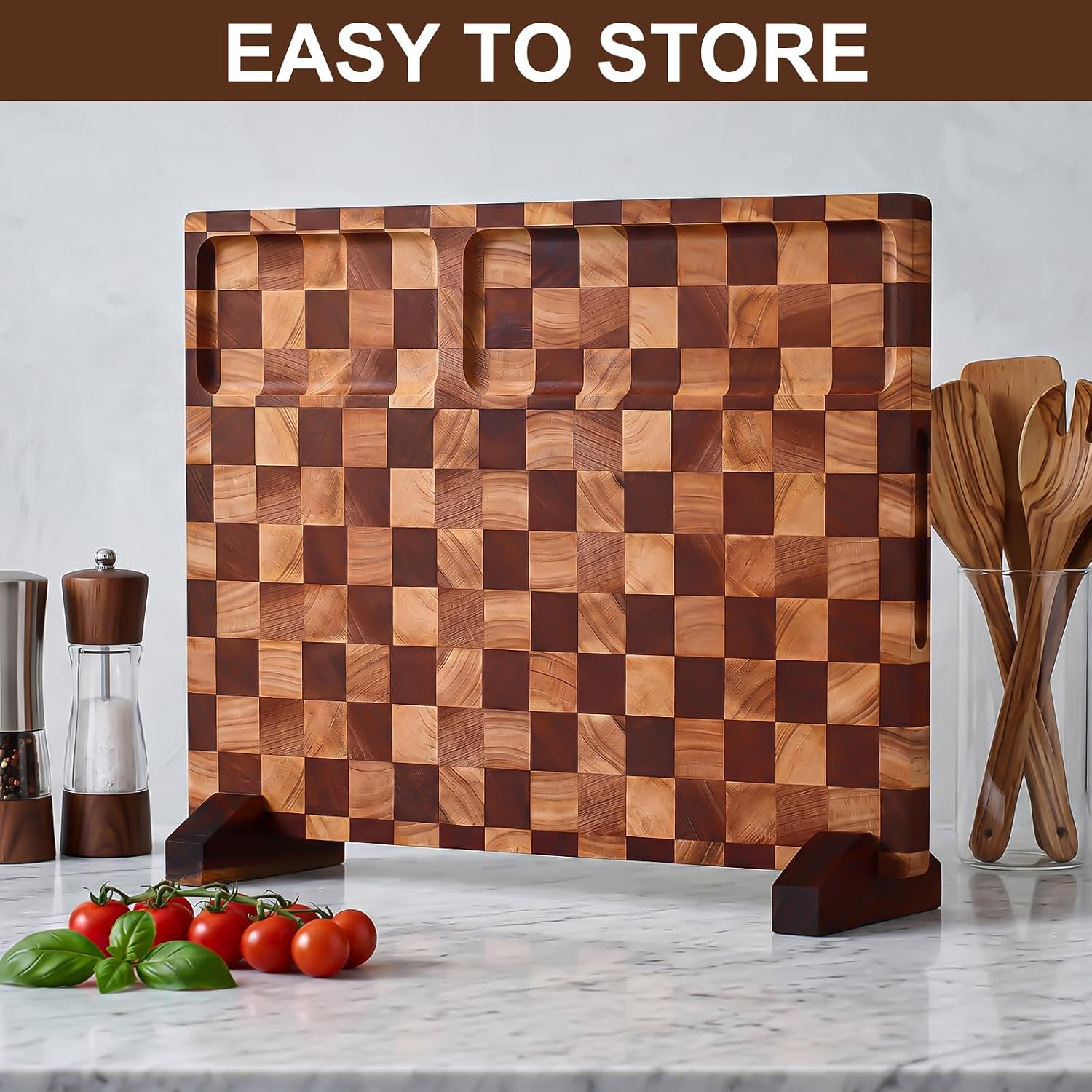 PLLDLC® Checkered Cutting Board with Stand – Dual-Sided Wood Board