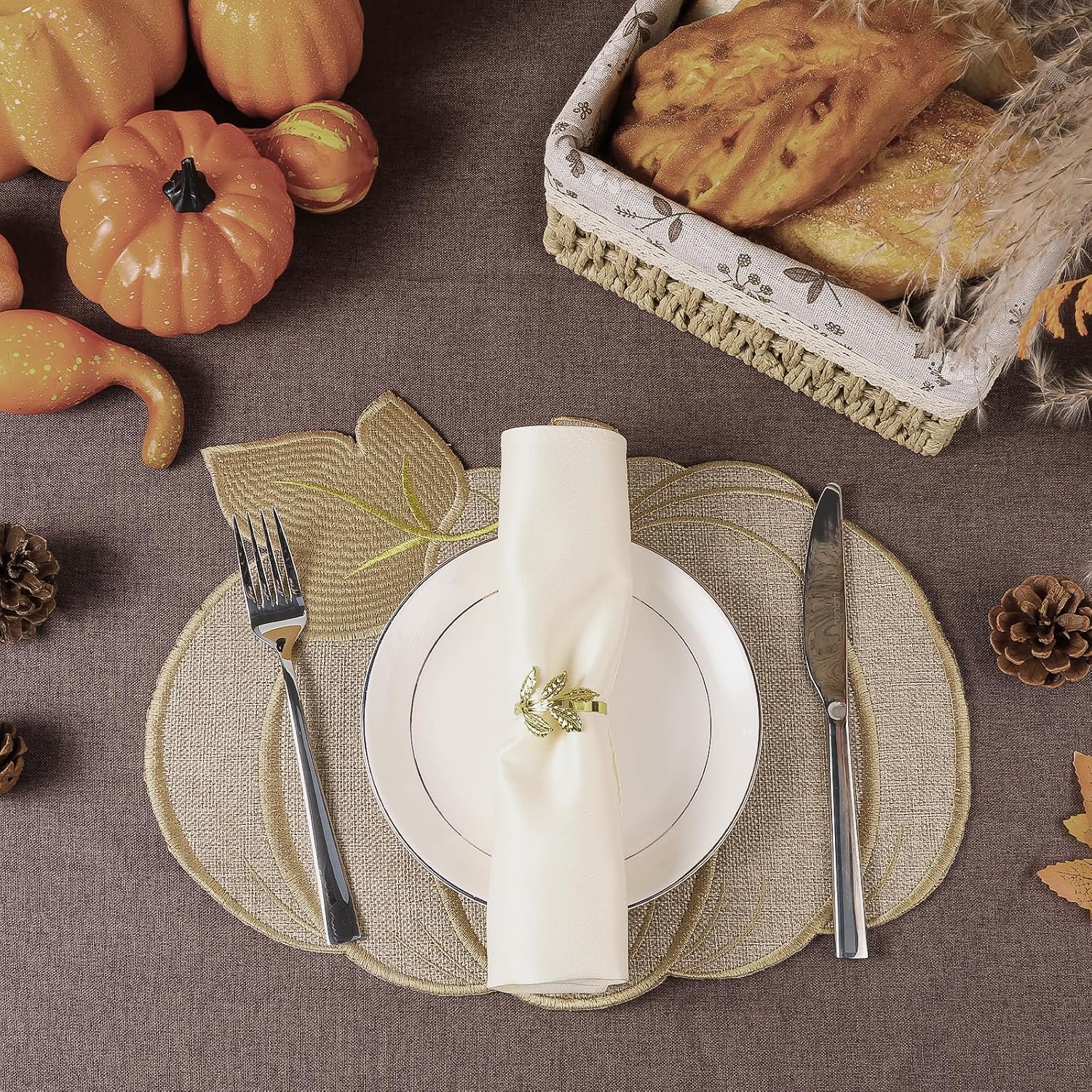 Fall Thanksgiving Pumpkin Placemats Set of 4 – Autumn Table Decorations, Farmhouse Harvest Pumpkin-Shaped Round Placemats for Kitchen Dining, Holiday Party & Seasonal Home Decor (13.8" x 12.6")