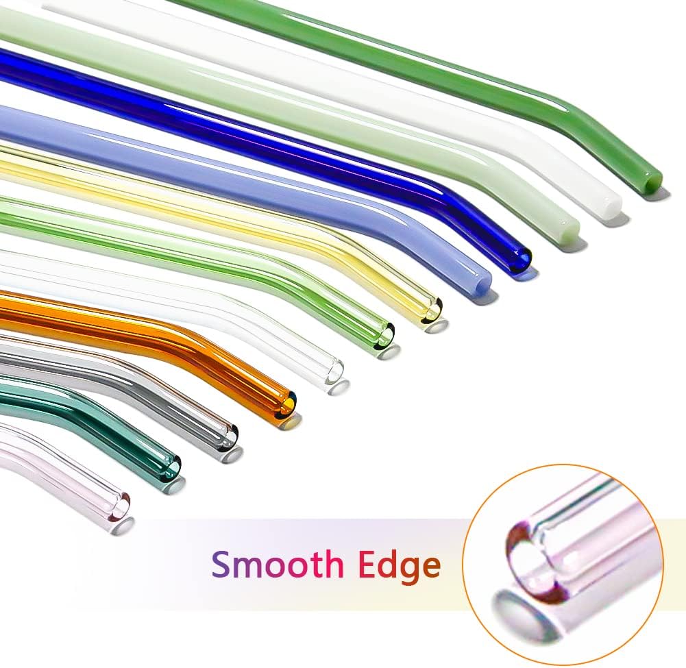 12 Pack Reusable Glass Straws – 8" x 8mm Bent Drinking Straws, Colorful Shatter-Resistant Borosilicate Glass Straws with 2 Cleaning Brushes, Dishwasher Safe – Perfect for Smoothies, Milkshakes, Iced Coffee, Tea & Juice
