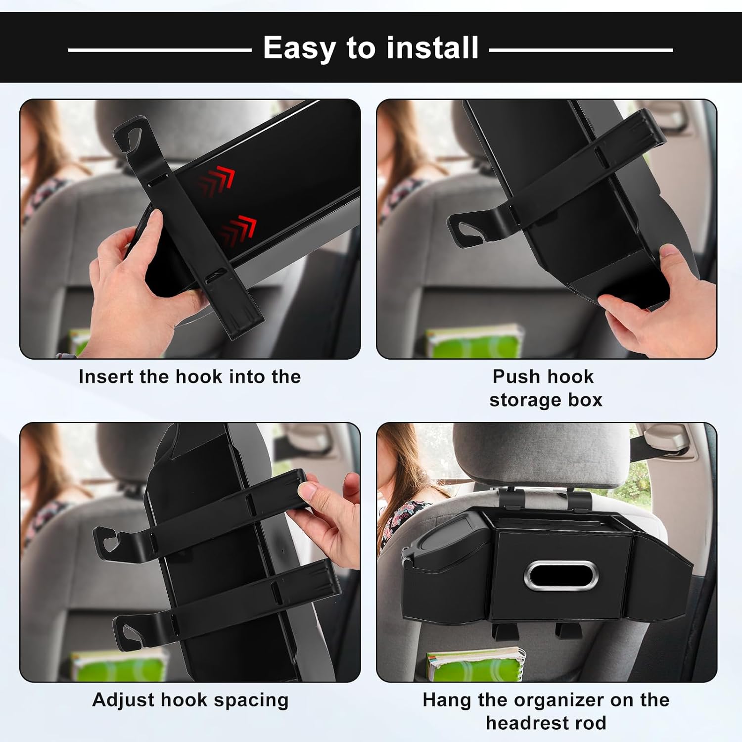 7-In-1 Car Seat Back Organizer – Multifunctional Headrest Storage with Cup Holders, Tissue Box, Garbage Can, Phone Holder & Hooks – Backseat Car Organizer for Road Trips, Family Travel, Kids (Black)