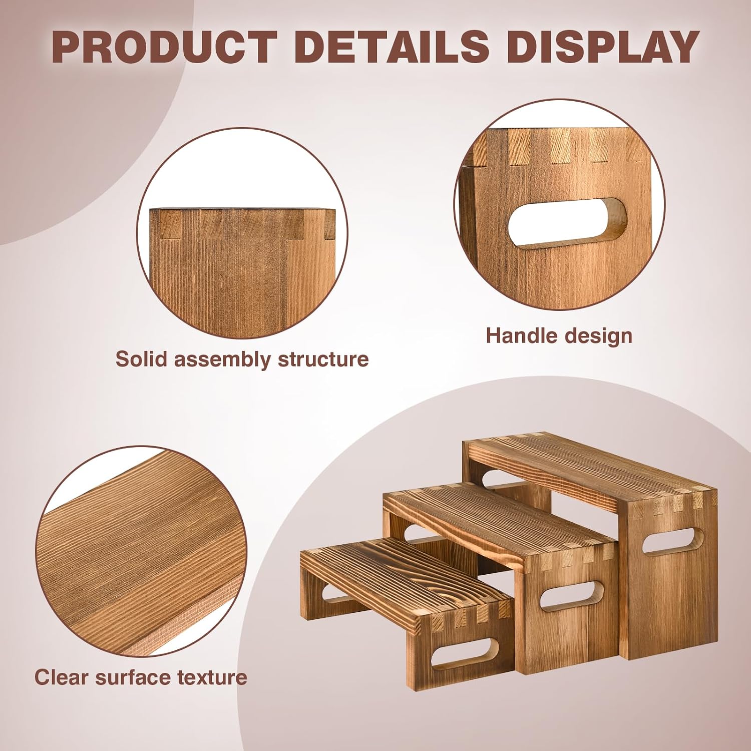 6 Pcs Wood Risers Display Stands – 2 Sets of 3-Tier Rectangular Wooden Risers for Table Display, Solid Wood Cupcake Stands for Desserts, Perfume, Jewelry, Collections & Party Decor