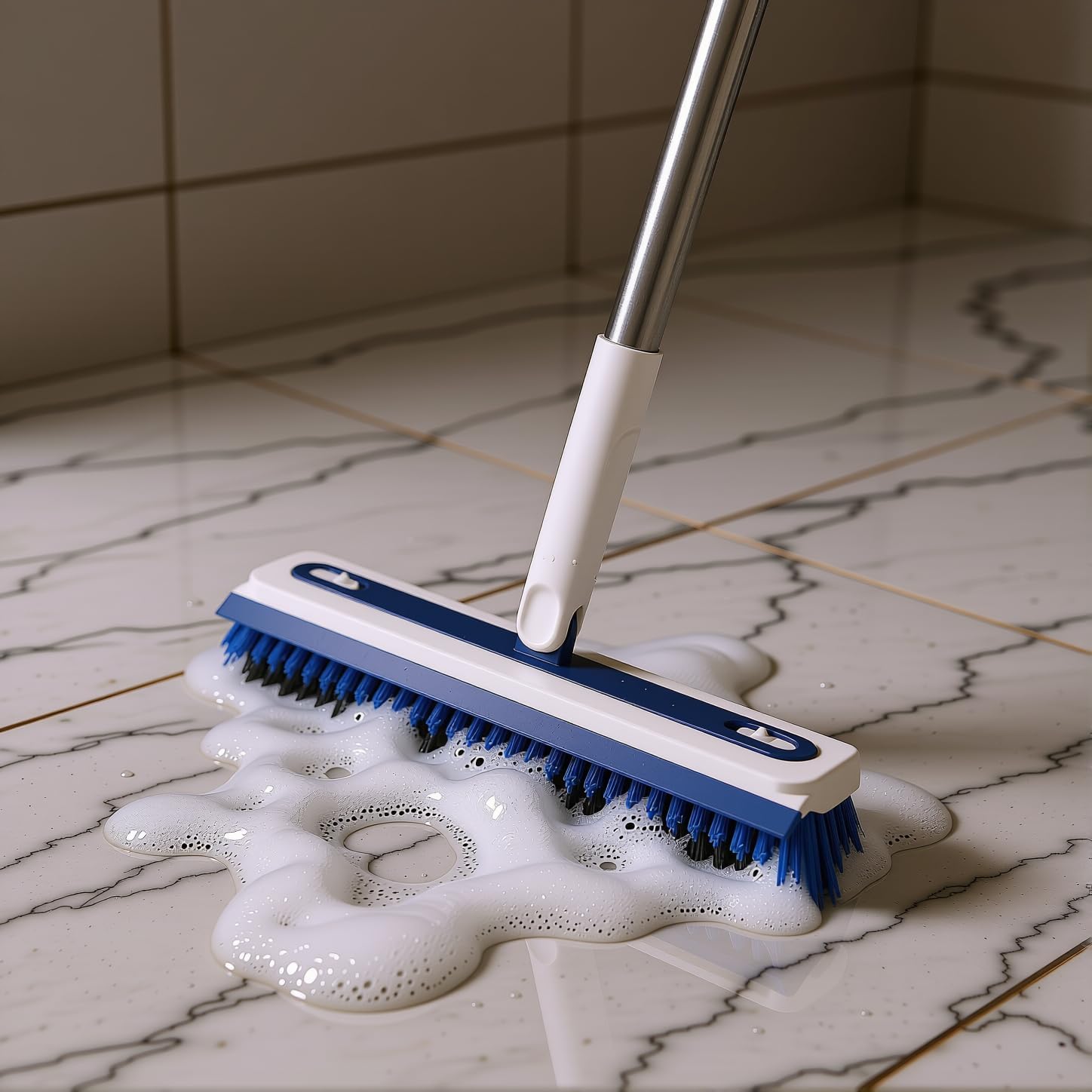 4-in-1 Floor Scrub Brush with Long Handle – V-Shaped Crevice Brush, Floor Scrubber Mop with Squeegee & Tweezer, Multi-Surface Cleaning Tool for Tile, Grout, Bathroom, Kitchen, Patio, Garage