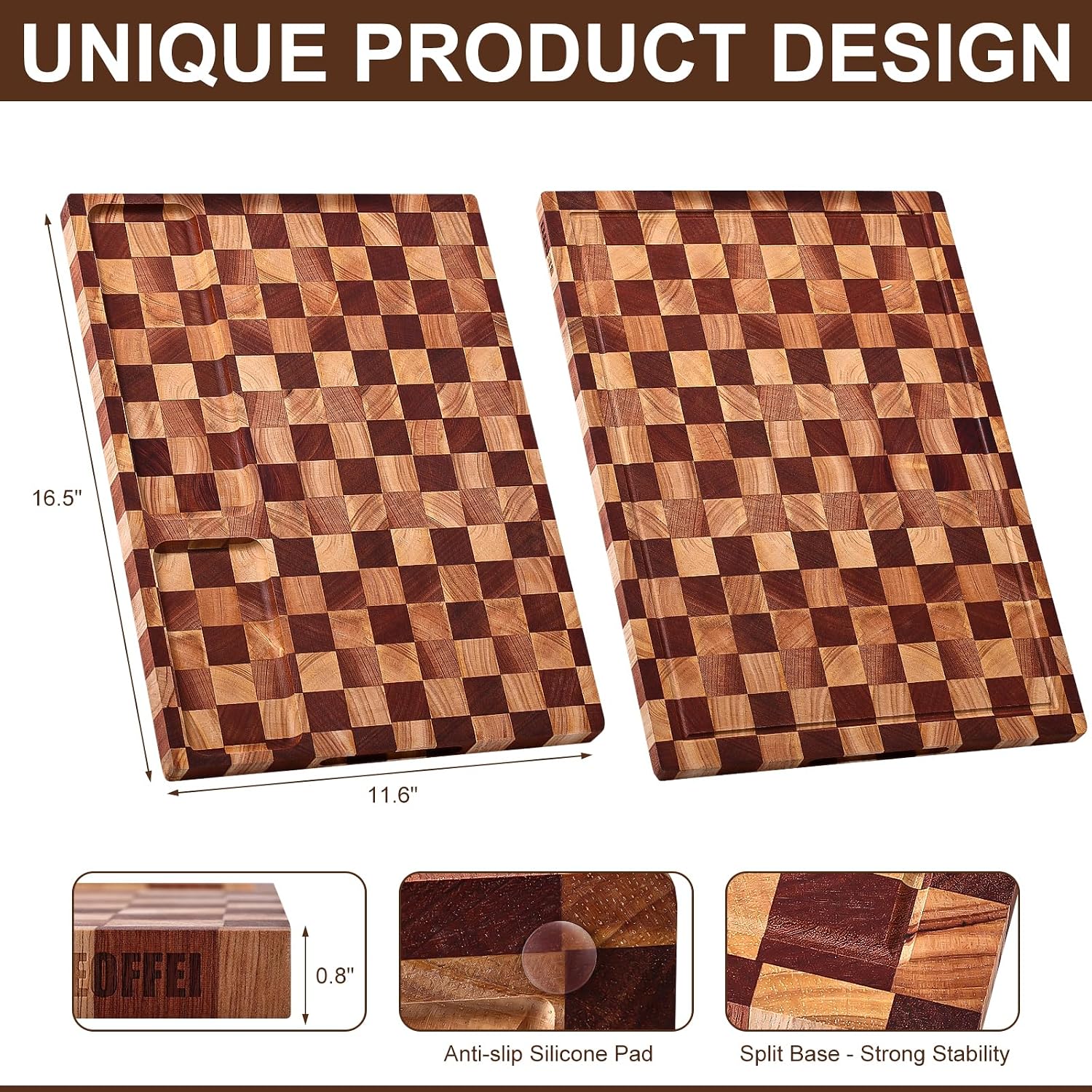 PLLDLC® Checkered Cutting Board with Stand – Dual-Sided Wood Board