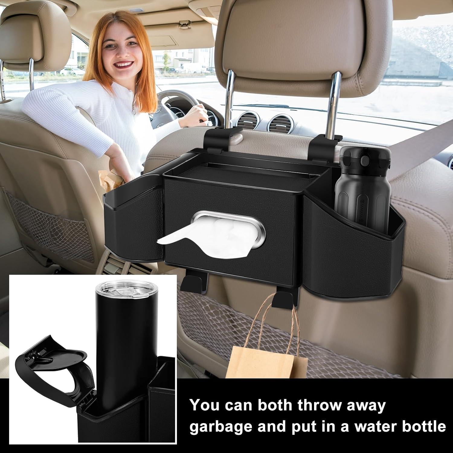7-In-1 Car Seat Back Organizer – Multifunctional Headrest Storage with Cup Holders, Tissue Box, Garbage Can, Phone Holder & Hooks – Backseat Car Organizer for Road Trips, Family Travel, Kids (Black)