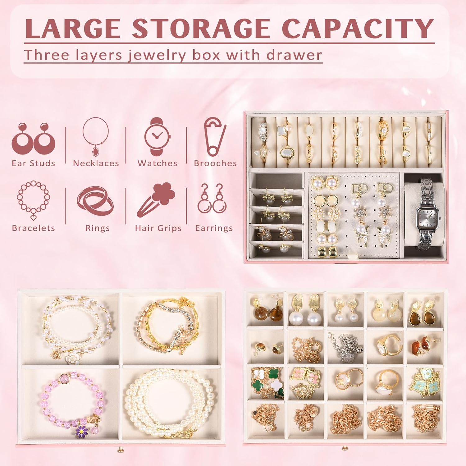3 Layer Jewelry Box – Large Jewelry Organizer Case with 2 Drawers, Hidden Necklace Storage, Built-in Mirror, Lockable PU Leather Jewelry Holder, Removable Dividers – Gift for Women (Pink)