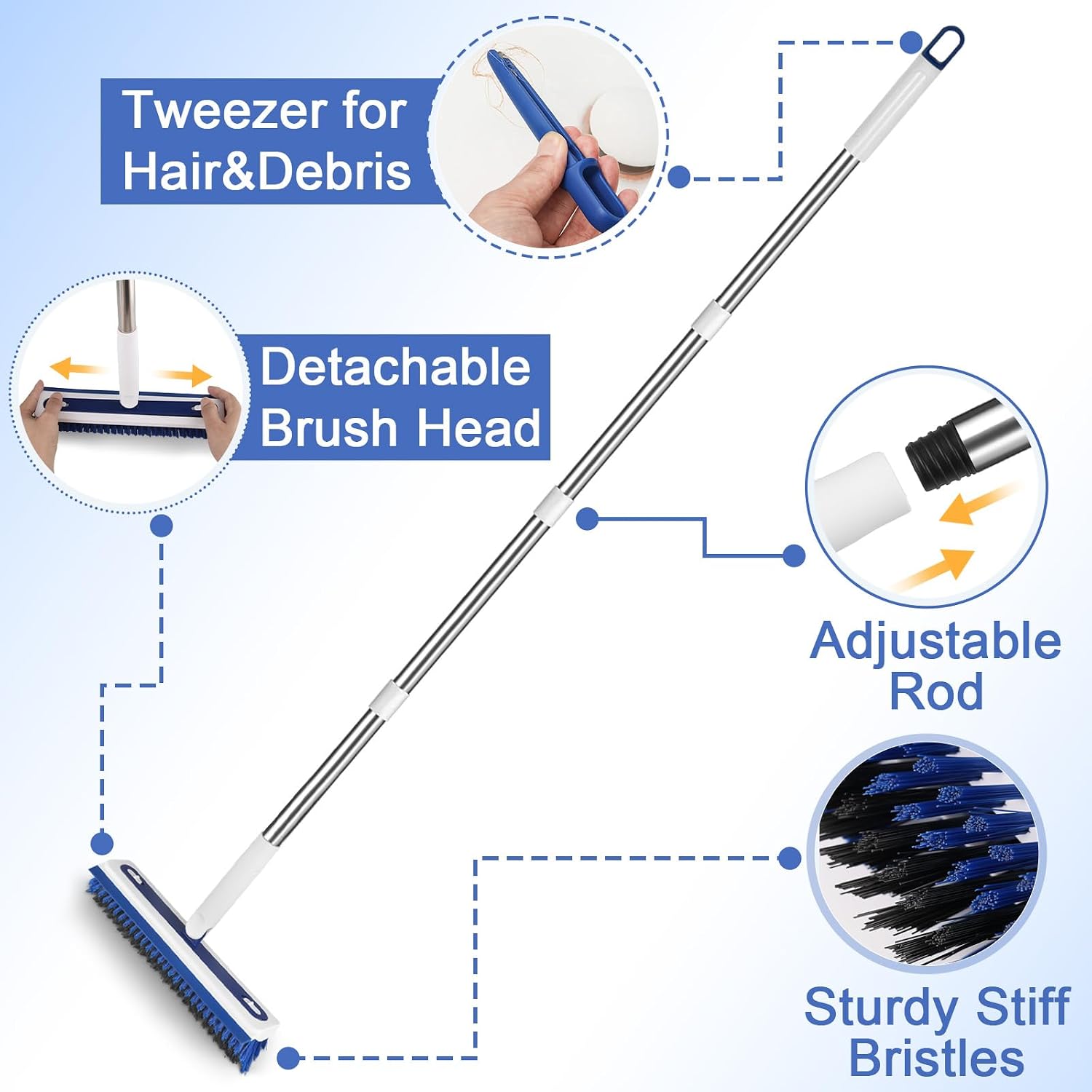 4-in-1 Floor Scrub Brush with Long Handle – V-Shaped Crevice Brush, Floor Scrubber Mop with Squeegee & Tweezer, Multi-Surface Cleaning Tool for Tile, Grout, Bathroom, Kitchen, Patio, Garage