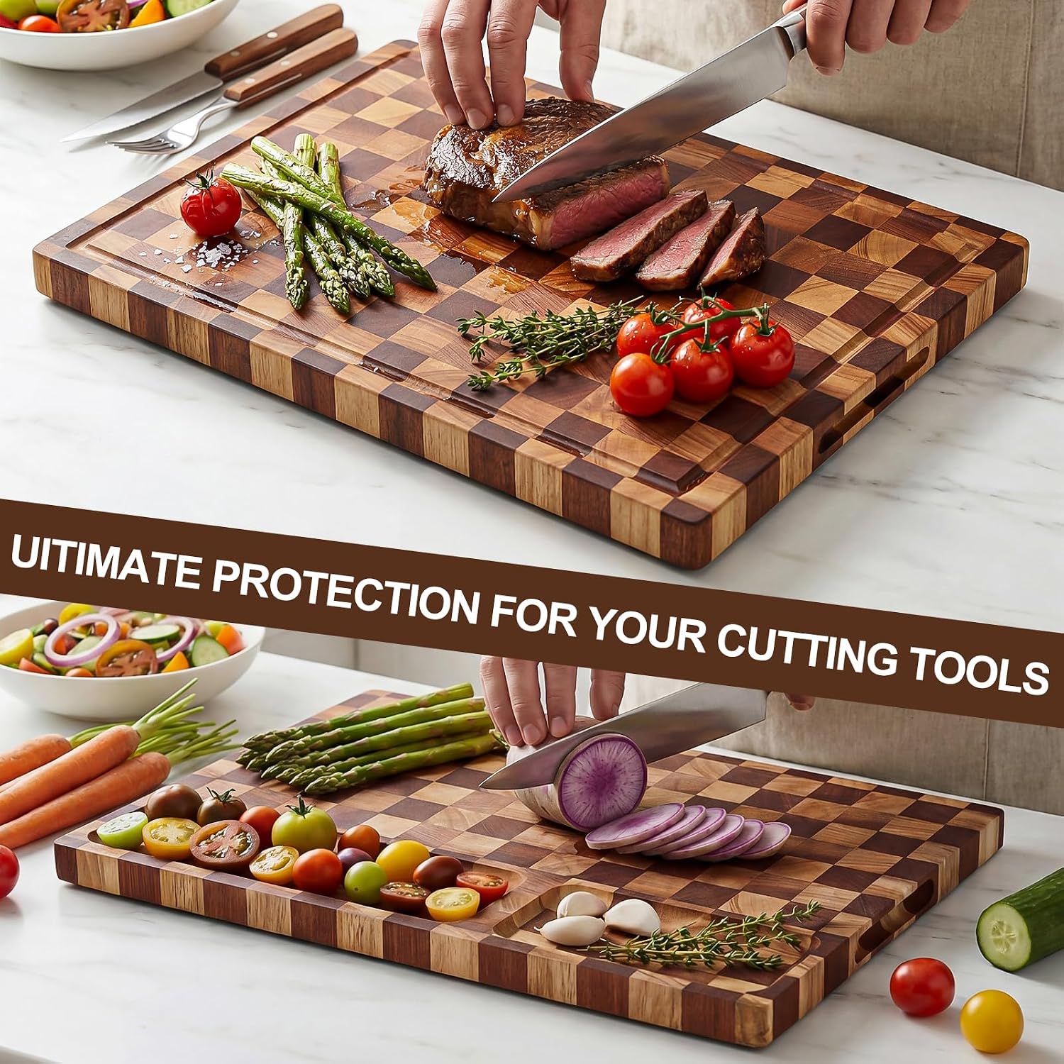 PLLDLC® Checkered Cutting Board with Stand – Dual-Sided Wood Board