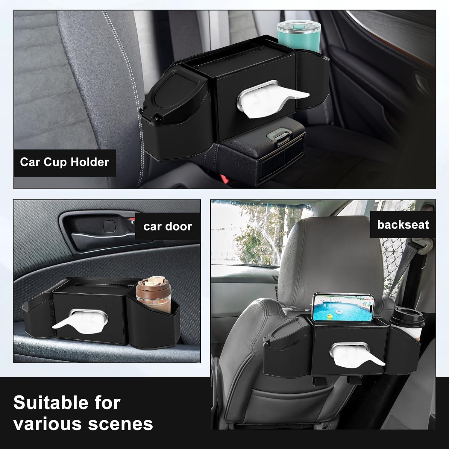 7-In-1 Car Seat Back Organizer – Multifunctional Headrest Storage with Cup Holders, Tissue Box, Garbage Can, Phone Holder & Hooks – Backseat Car Organizer for Road Trips, Family Travel, Kids (Black)