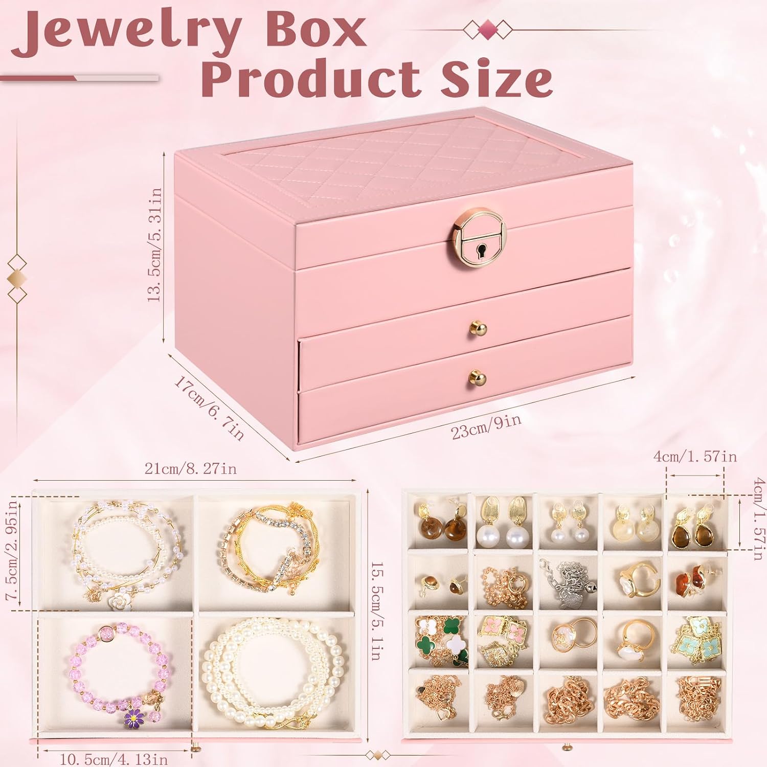 3 Layer Jewelry Box – Large Jewelry Organizer Case with 2 Drawers, Hidden Necklace Storage, Built-in Mirror, Lockable PU Leather Jewelry Holder, Removable Dividers – Gift for Women (Pink)