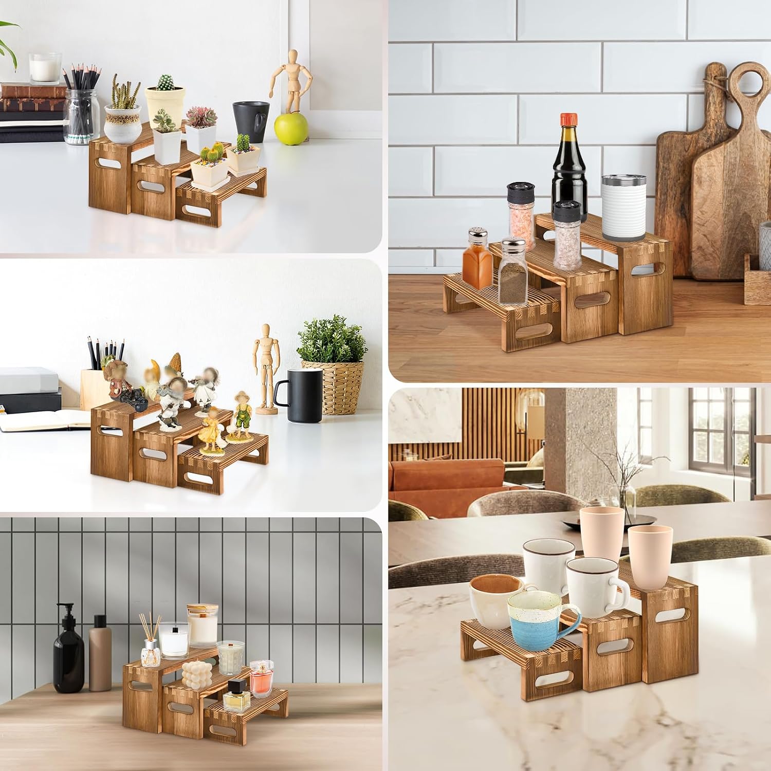 6 Pcs Wood Risers Display Stands – 2 Sets of 3-Tier Rectangular Wooden Risers for Table Display, Solid Wood Cupcake Stands for Desserts, Perfume, Jewelry, Collections & Party Decor