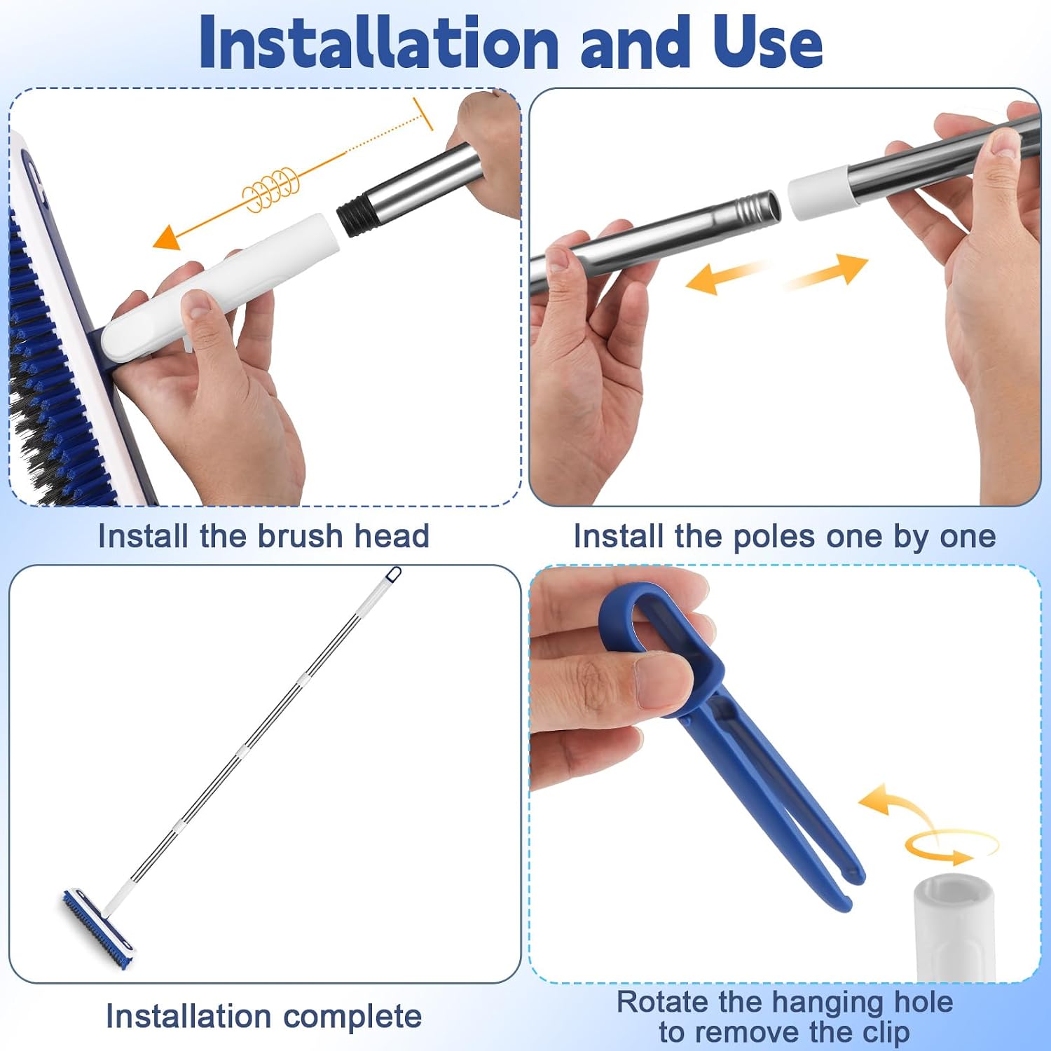 4-in-1 Floor Scrub Brush with Long Handle – V-Shaped Crevice Brush, Floor Scrubber Mop with Squeegee & Tweezer, Multi-Surface Cleaning Tool for Tile, Grout, Bathroom, Kitchen, Patio, Garage