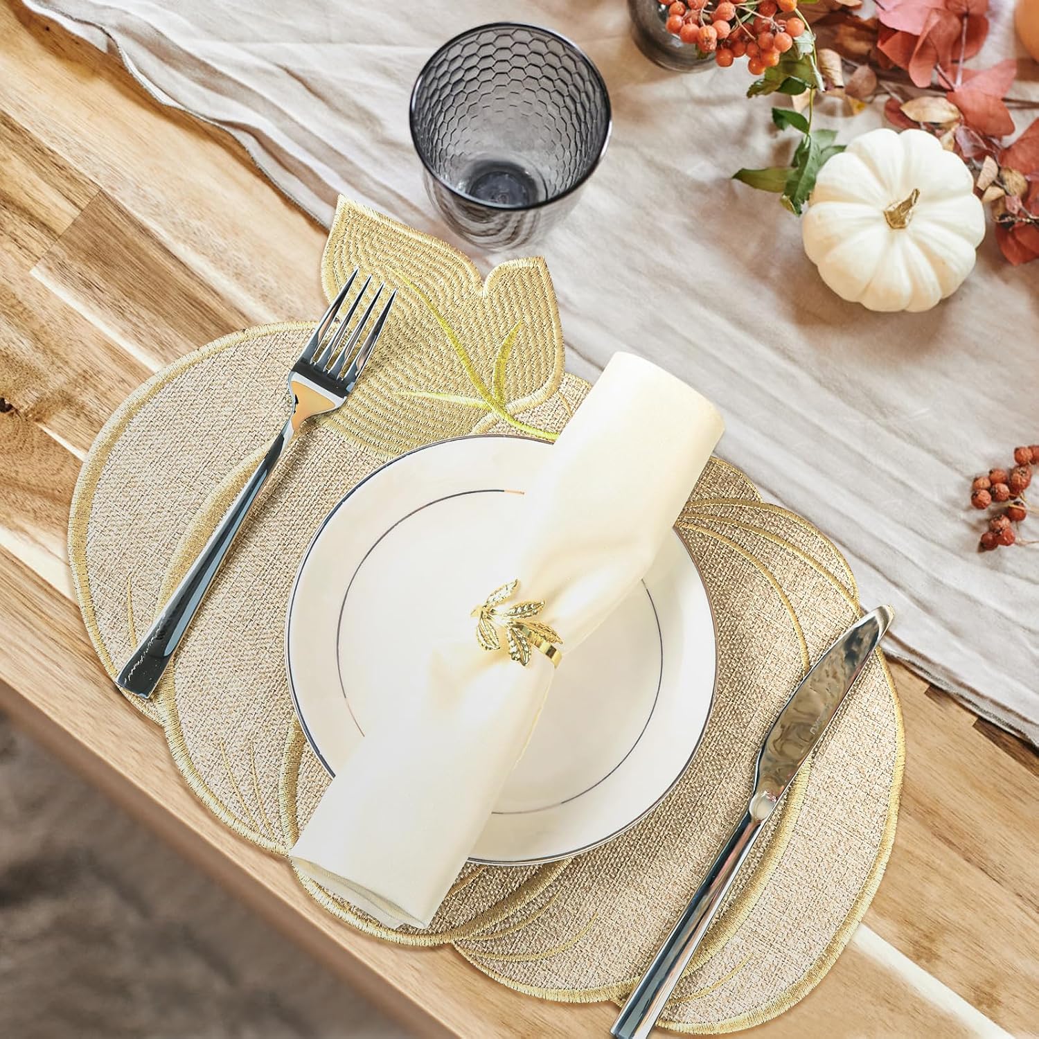Fall Thanksgiving Pumpkin Placemats Set of 4 – Autumn Table Decorations, Farmhouse Harvest Pumpkin-Shaped Round Placemats for Kitchen Dining, Holiday Party & Seasonal Home Decor (13.8" x 12.6")