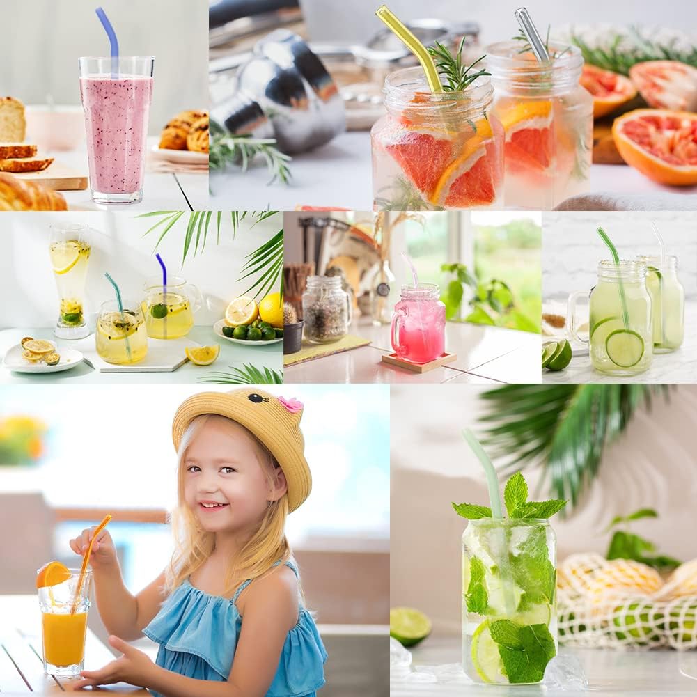 12 Pack Reusable Glass Straws – 8" x 8mm Bent Drinking Straws, Colorful Shatter-Resistant Borosilicate Glass Straws with 2 Cleaning Brushes, Dishwasher Safe – Perfect for Smoothies, Milkshakes, Iced Coffee, Tea & Juice