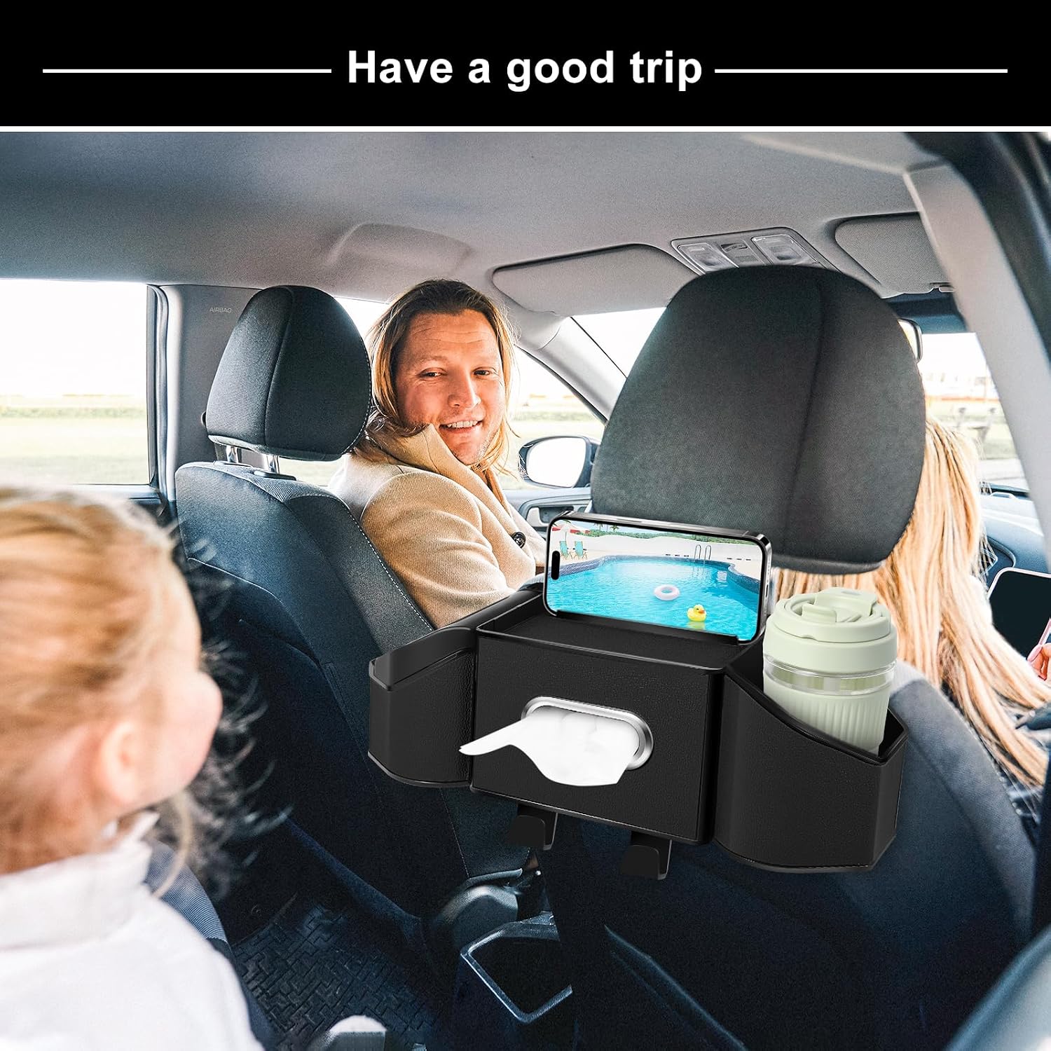 7-In-1 Car Seat Back Organizer – Multifunctional Headrest Storage with Cup Holders, Tissue Box, Garbage Can, Phone Holder & Hooks – Backseat Car Organizer for Road Trips, Family Travel, Kids (Black)
